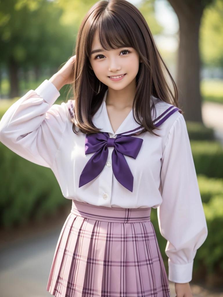 (highest quality, 4k, 8K, High resolution, Tabletop:1.2), Super detailed, Realistic:1.37, Light brown hair, Semi-long hair, Asymmetrical bangs, Mature Woman, high school girl, Sailor suit, Purple and pink checkered micro mini pleated skirt, Super super slender body, Shy and cute face, A very happy smile
