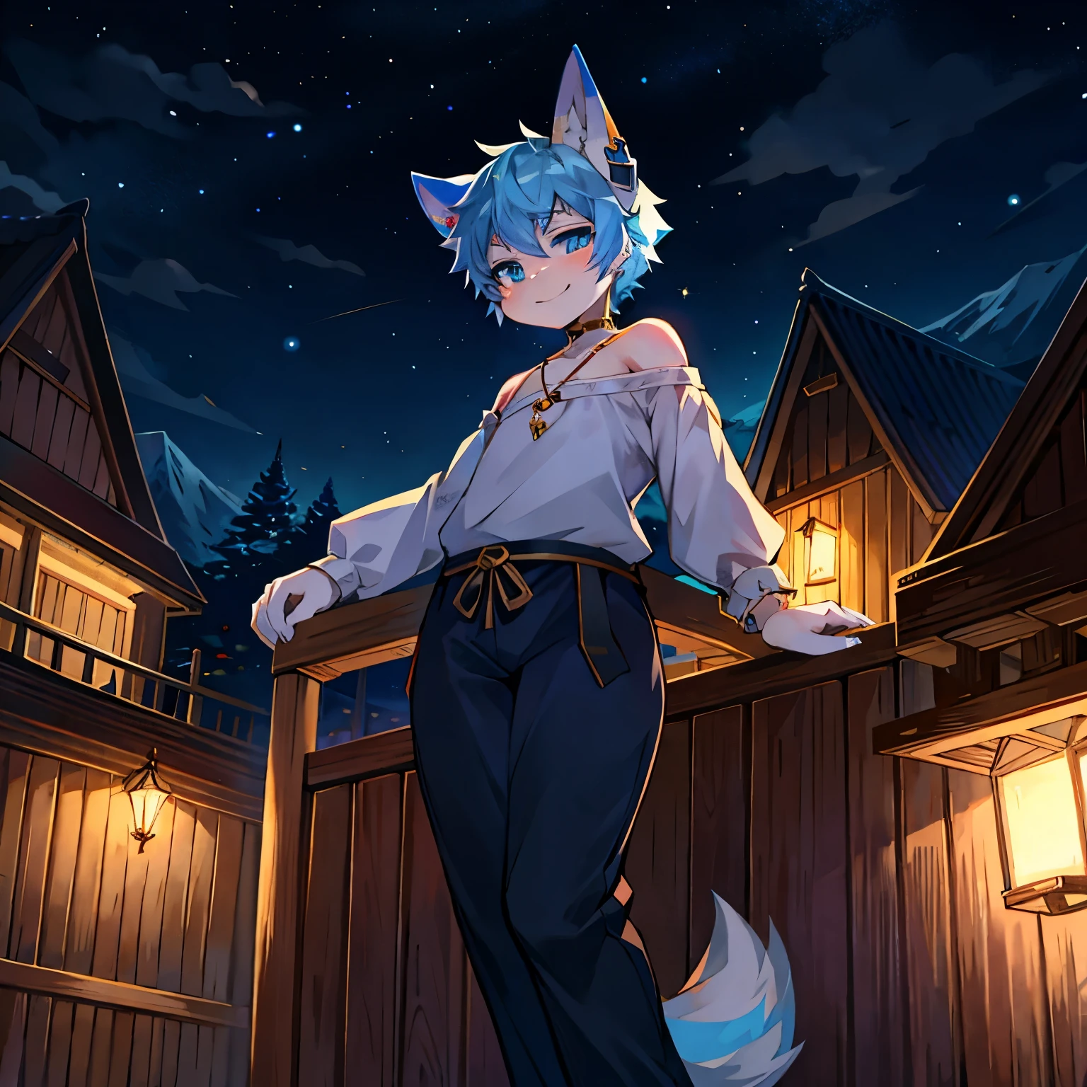 2D Anime Masterpiece, Colorful, Full Body, High Resolution, 18-Year-Old Pretty Girl, Sharp Sky Blue Eyes, Short Sky Blue Hair, Wolf Ear Accessory, Androgynous Charm, Wood Made Village, Night Scene, Balcony Overview, Village Houses Lighted, Nice Figure, Detailed Anatomy, Under the Starry Sky, Blue Sky Fading, Village Silhouette in the Background, Peak Posture, Happy Expression, Wearing Casual Clothing, Complementing Jewelry, Standing on the Balcony Railing, Looking Out into the Night.