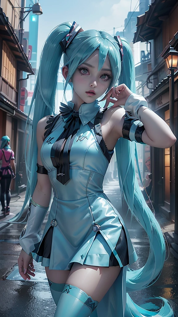 (La mejor calidad,A high resolution,Ultra - detallado,actual),Ariana Grande, chica anime cosplay, anime cosplay, (Hatsune MikuCosplay:1.4) , foto de cosplay, dos colas blancas_guantes, cosplay, lindo anime waifu con un bonito vestido, chica anime con pelo largo, Diosa del anime, cosplay elegante y glamoroso, chica anime disfrazada de sirvientaMore detailed 8K.motor irreal:1.4,HD,La mejor calidad:1.4, fotorrealista:1.4, textura de la piel:1.4, obra maestra:1.8,obra maestra, mejor calidad,objeto Objeto], (rasgos faciales detallados:1.3),(Las proporciones correctas),(Ojos hermosos azules),  (pose vaquero), ,( ciberpunk 2.1), (background alley city tokyo night :1.4),( dedos detailed:1.4),( perfect anatomy), (vestuario kawaii :1.4) 