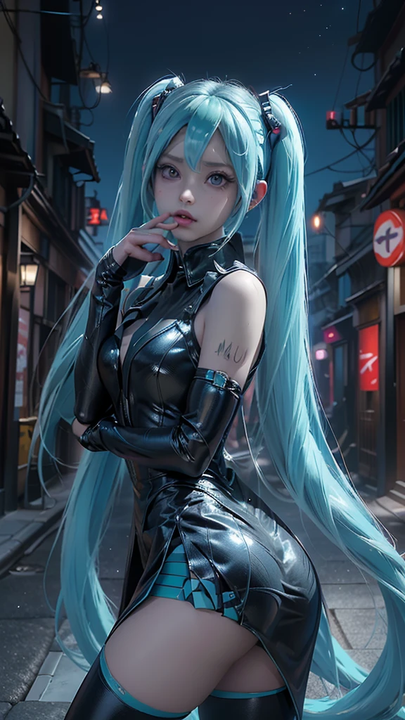 (La mejor calidad,A high resolution,Ultra - detallado,actual),Ariana Grande, chica anime cosplay, anime cosplay, (Hatsune MikuCosplay:1.4) , foto de cosplay, dos colas blancas_guantes, cosplay, lindo anime waifu con un bonito vestido, chica anime con pelo largo, Diosa del anime, cosplay elegante y glamoroso, chica anime disfrazada de sirvientaMore detailed 8K.motor irreal:1.4,HD,La mejor calidad:1.4, fotorrealista:1.4, textura de la piel:1.4, obra maestra:1.8,obra maestra, mejor calidad,objeto Objeto], (rasgos faciales detallados:1.3),(Las proporciones correctas),(Ojos hermosos azules),  (pose vaquero), ,( ciberpunk 2.1), (background alley city tokyo night :1.4),( dedos detailed:1.4),( perfect anatomy), (vestuario kawaii :1.4) 