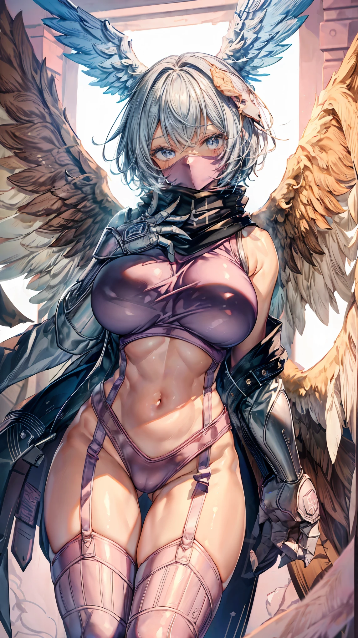 Very detailed、highest quality、Best image quality、masterpiece、8k、Anime Face、A kind smile、Sparkling blue eyes、(SFW Giant)、(Big Breasts:1.5)、shutumon、Cowboy Shot、(highleg:1.5)、Claw Hand、Mouth mask、shy,scarf,big head wings,(mouth mask),facial mark,midriff,leash,pink paw footwear,(pink sweatshirt),(garter straps),big brown feathered wings,scarf,pink thighhighs,full body,hand of guido daniele