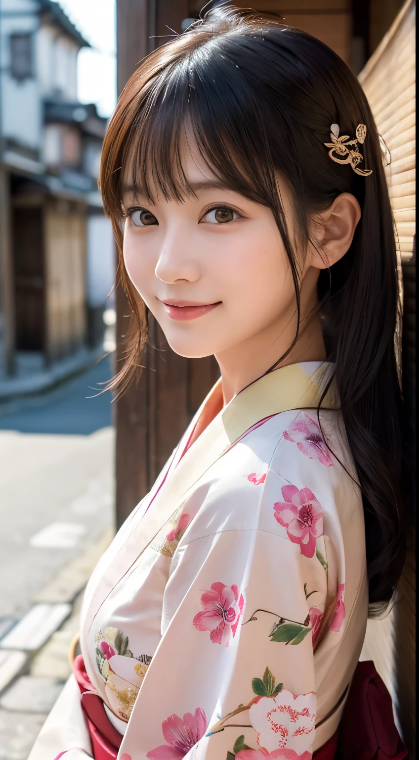 Professional Lighting,(Photorealistic:1.4), (Top image quality:1.0), (超A high resolution:1.0), 8k, Raw photography, (masterpiece:0.2), (Facing the children_v1:0.5)、(最高quality Detail:1.2)、Realistic、8K Ultra HD、High resolution、(1 girl:1.2)、超detailedな、High quality textures、複雑なdetailed、detailed、Very detailed CG、High quality shadows、detailed 美しく繊細な顔、Beautiful details and a delicate eye、(Symmetrical eyes:1.2),Written boundary depth、Ray Tracing,1 girl, Japanese Girls, (Natural smile:1.4),cute, thin, Portrait of a beautiful Japanese woman in a kimono, Standing elegantly on a street corner in Kyoto. Kimono with vibrant traditional patterns, Hair decorated with elegant and delicate hairpins, Gentle expression. (With the old streets of Kyoto in the background:1.4)、The soft light of a spring afternoon、Adding tranquility to the scene. Rendered in a Realistic style with great attention to detail, High resolutionの画像.Sky Porn, Magic Hour, (Realistic:1.3), finely, quality, (Tabletop:1.2), (Realistic:1.2), (最高quality), (複雑なdetailed), dramatic, Ray Tracing, photograph, +roller