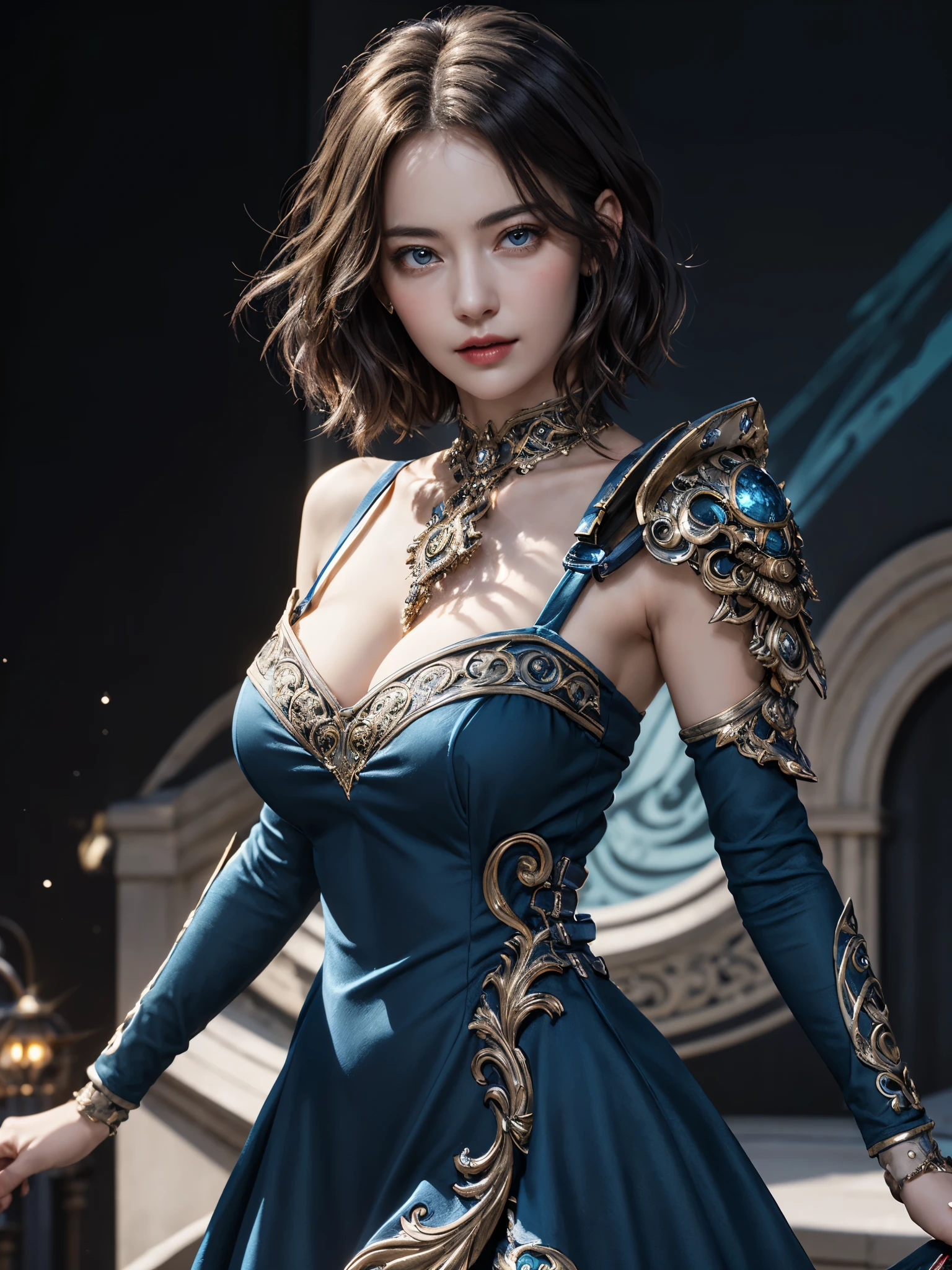 1girl, glowing pillars, dramatic cinematic lighting, detailed face, looking at viewer, (masterpiece, highest quality, software:1.4), (hyper-realistic, realistic:1.3), short bob hair, detailed shiny hair, (sophisticated blue dress design:1.4), (exaggerated ornamental ornate shoulder pad:1.2), mouth closed, sparkling eyes, cleavage, gigantic breasts,