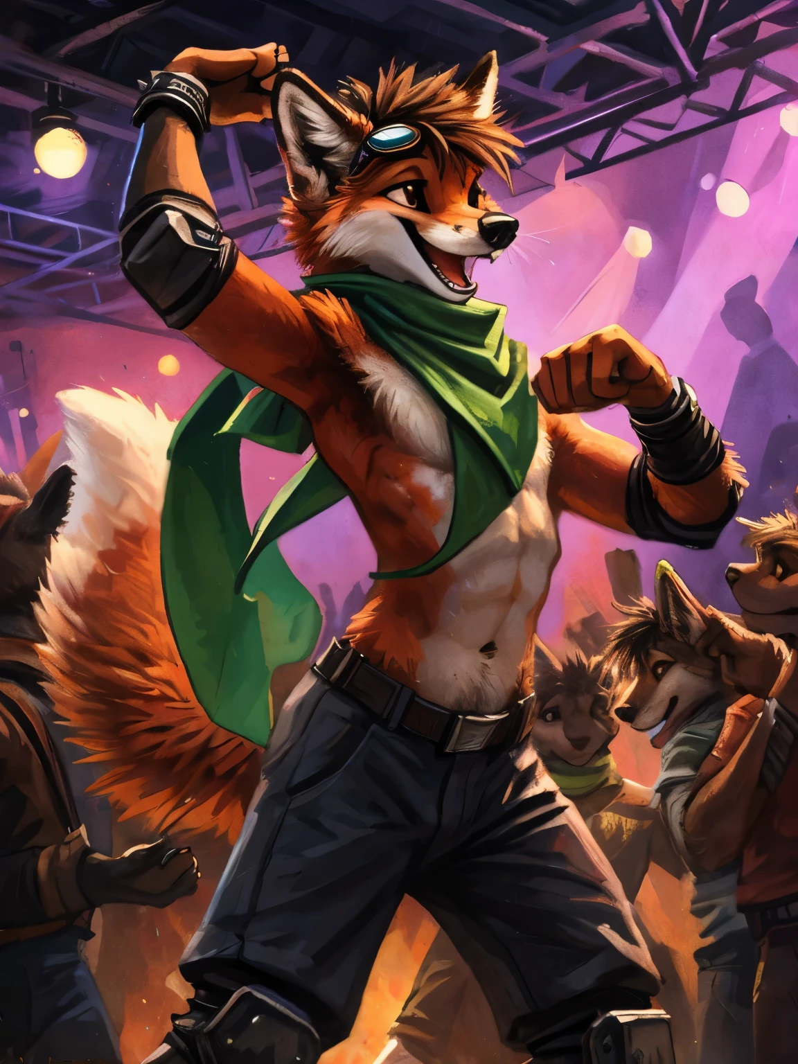 Furry, furry, teen, red fox, spiked brown hair only on head, collar, brown eyes, goggles, black pants, green scarf, elbow pads, knee pads, masterpiece, No muscles, Detailed hands, detailed face, detailed eyes, detailed body, Flat body, Skinny, claws, high resolution, metal cuffs on wrists, metal cuffs on ankles, no shirt, no underwear, crowded nightclub, dancing, laughing, art by kenket