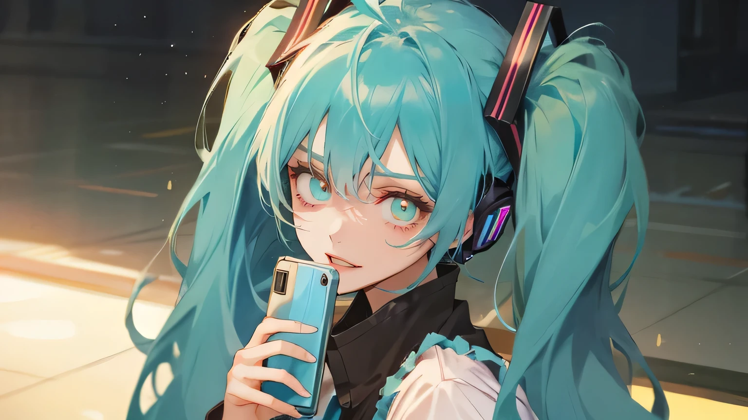 (masterpiece, best quality, very detailed, best shadow), 1girl, solo, miku hatsune, ahoge, aqua eyes, aqua hair, crossed bangs, hair between eyes, hair ornament, headphones, long hair, twintails, (using my smart phone:1.5)