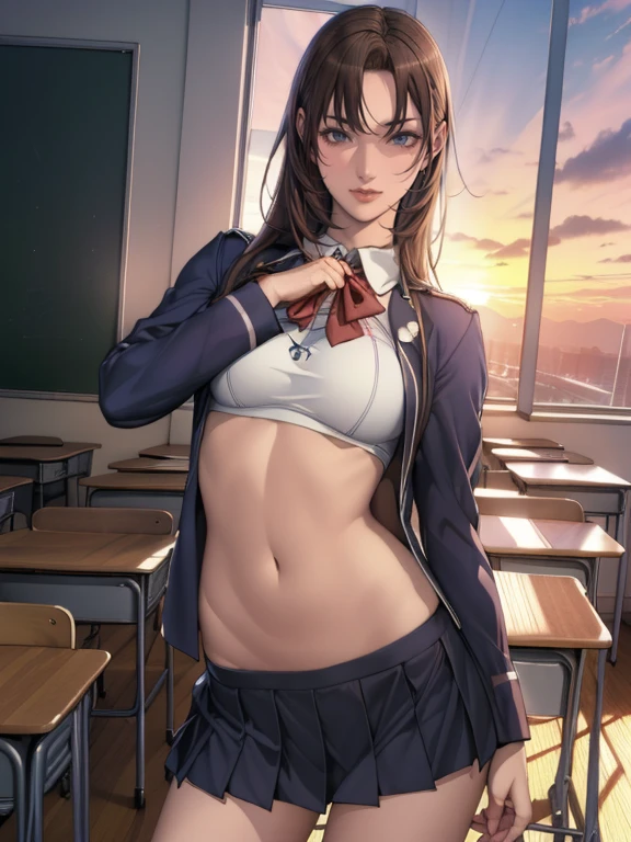 (8k,Photorealistic, masutepiece, Best Quality, Raw photo:1.3)、1girl in, 18years old,Solo,school girl, Long hair, Brown hair, Detailed beautiful face, alluring face, (Detailed beautiful brown eyes:1.2), medium breasts,(underboob:0.5),(coverd nipples:0.1),(loos sailer uniform :1.35),(show off navel:1.5) ( Perfect body skinny beauty: 1.4),( temptation Pose:1.3), (Looking at Viewer, front view,eyes focus:1.2), Detailed background, (sunset:1.2), classroom,fine detailed, intricate detailes,  Ray tracing, depth of fields, seductive smile,classroom,