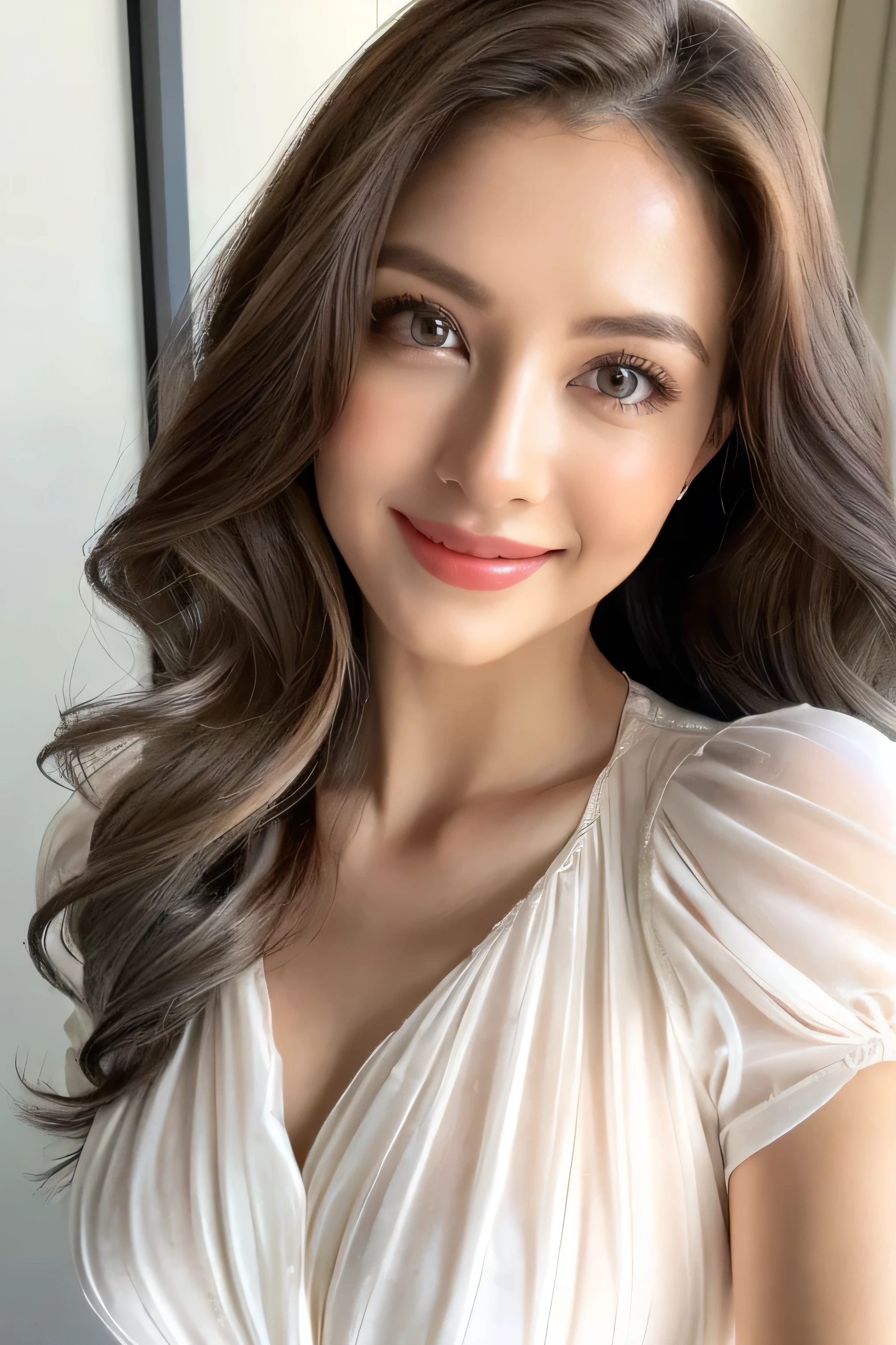 Beautiful detailed face、Pale skin、Realistic glowing skin、Detailed cloth texture、Detailed hair texture、Perfect body、Beautiful Face、correct、Anatomically correct、 Highly detailed face and skin texture、Natural neck length、(Beautiful Hands)、(Fair skin:1.2)、Thin legs、Thin legs、 Break Fine Eyes、Symmetrical eyes、Large Breasts、Light brown eyes、double eyelid、Thin eyebrows、(Glossy Lips:1.4)、((Gentle smile:1.2))、(blush:1.1)、 break (Elegant and cute girl:1.3)、Medium-sized large breasts、(Slim body type:1.1)、Toned Abs、Beautiful clavicle、 (Dark Blonde、Wavy Hair、Long Hair:1.2)、full figure supermodel standing, entire body in frame、((Wearing white crisp shirt_long see-through sleeves、dark grey pleated skirt:1.3)),standing gracefully、salute