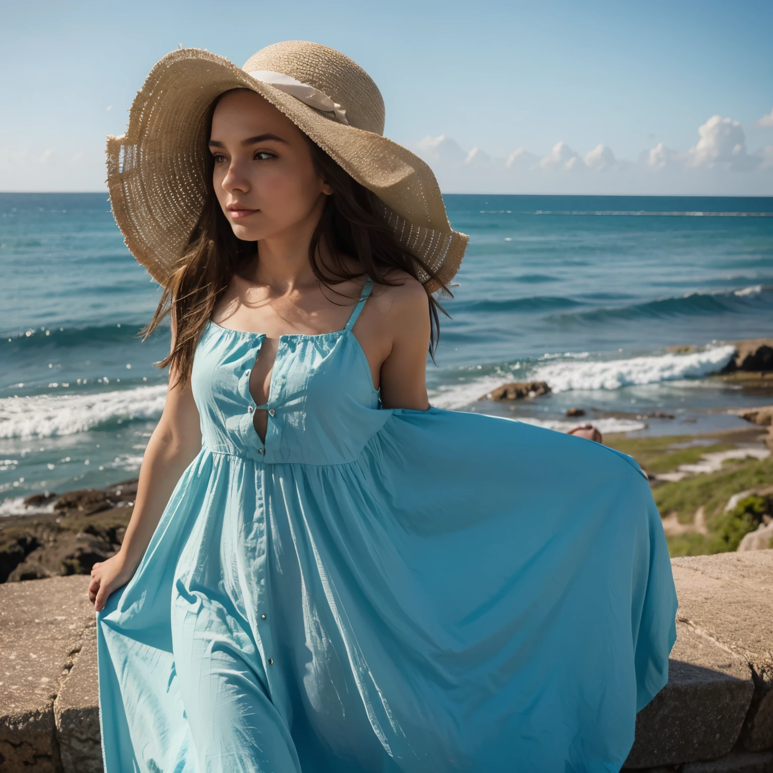 A girl in a hat against the background of the sea in a beautiful long dress