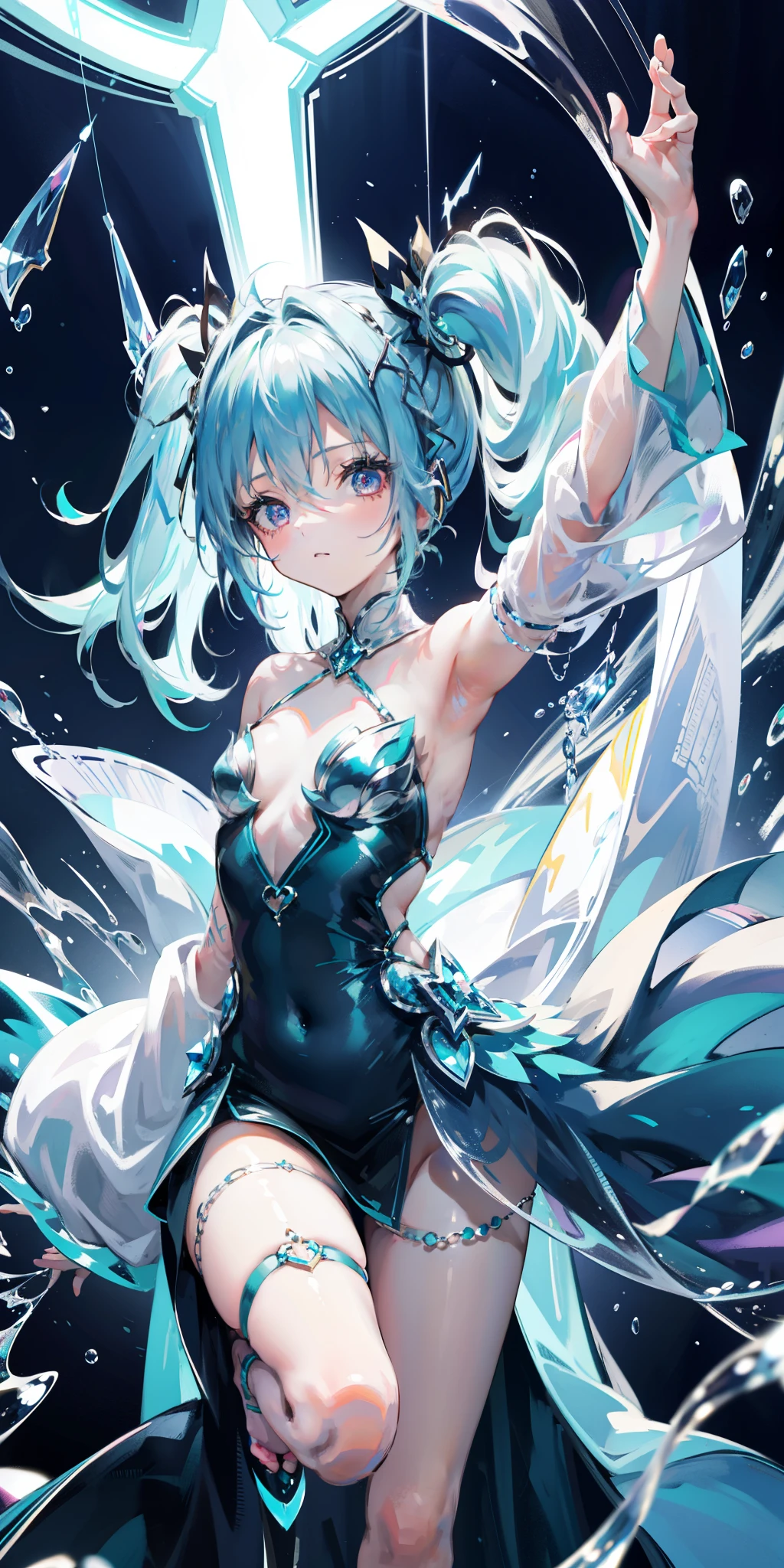 blue theme, Hatsune Miku portrait，masterpiece, magic , (Impossible Dress:1.5), mini skirt, Gradient background, Silver-blue hair, , Bangs,Side Chain, pink eyes, (ulzang-6500-v1.1:0.9), 中等Chest, Chest, Thigh gap, Hair accessories, arching back, Black_witch_have,complicated_decorate,mystery_fountain,luminescent_crystal