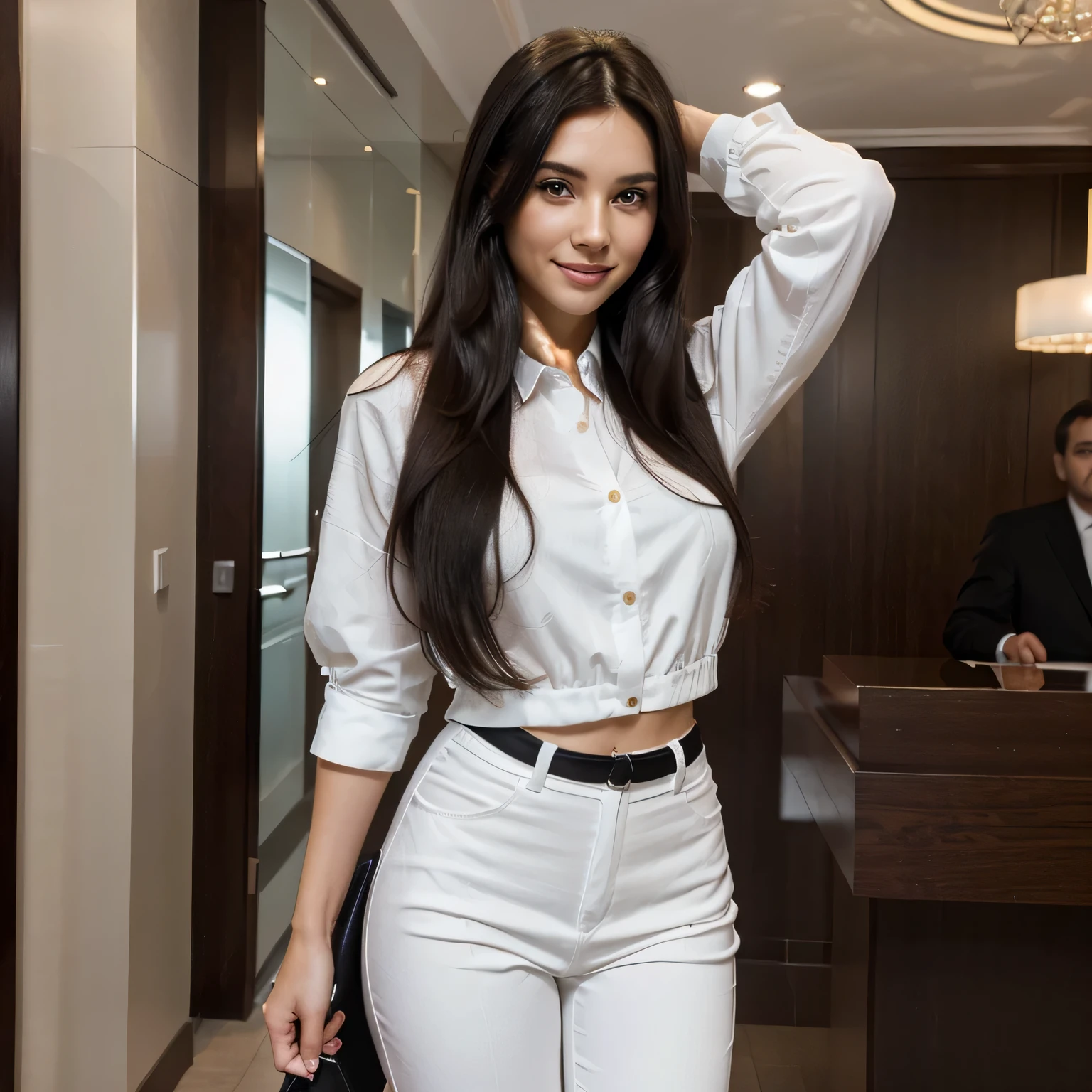 (Best quality, high resolution, ultra detailed: 1.2), HDR, vivid colors, beautiful brunette girl with long black hair, sexy, in a hotel reception, dressed in a white executive shirt, black pants, posing, animated atmosphere , , Stunning view, tight clothing, tight fashions, modern dressed, cheerful expression, Long flowing hair, bustling crowd, detailed smile and face, blue eyes, Carefree moments. Super detailed, high quality, at dusk