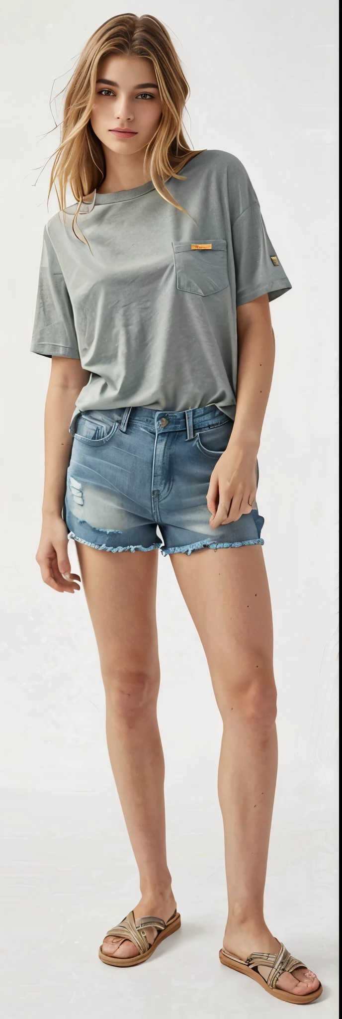 uma mulher de camisa cinza e shorts fica na frente de um fundo branco, jeans curtos, Shorts jeans, vestindo shorts e camiseta, Short curto, pele bronzeada, camiseta e shorts, shorts de menino, mulher baixa e robusta, shorts jeans, short jeans pants, baixa estatura, wearing denim Short curto, summer casual clothes, shorts, Roupa casual, Duques margaridas
