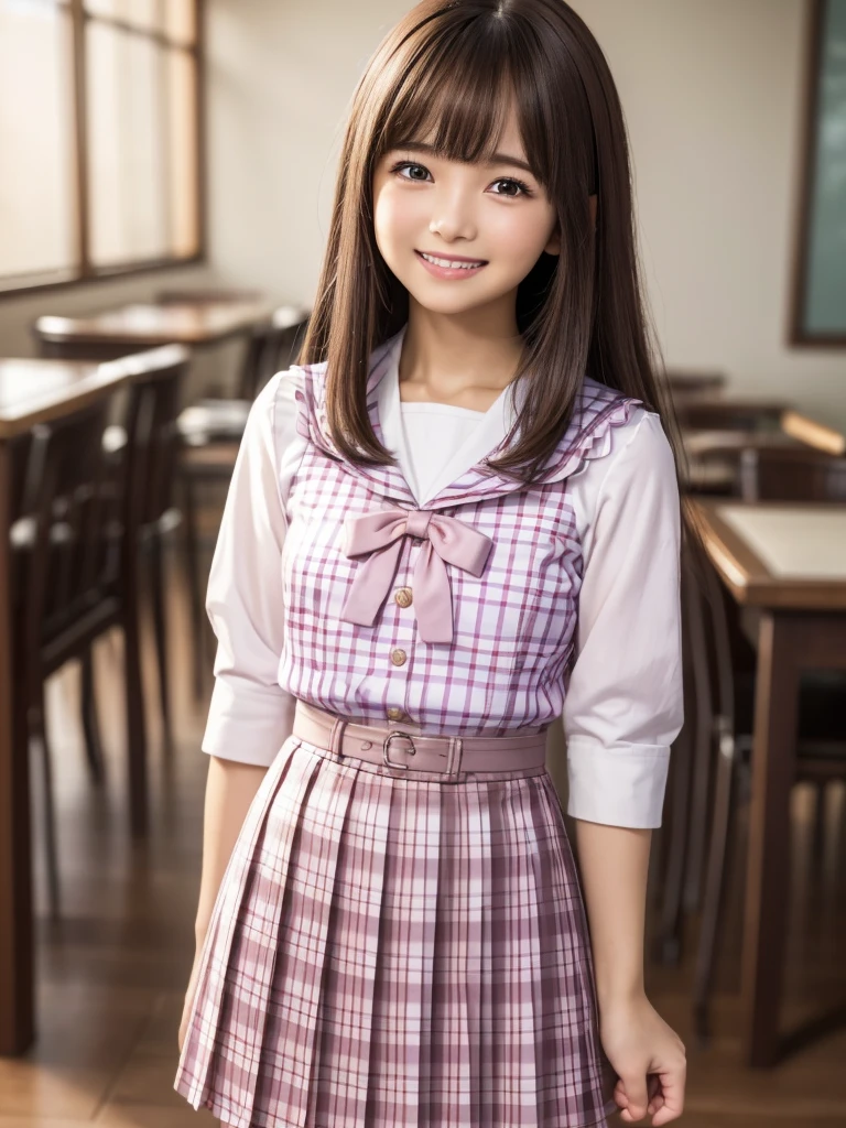 (highest quality, 4k, 8K, High resolution, Tabletop:1.2), Super detailed, Realistic:1.37, Light brown hair, Semi-long hair, Asymmetrical bangs, Mature Woman, high school girl, Sailor suit, Purple and pink checkered micro mini pleated skirt, Super super slender body, Shy and cute face, A very happy smile