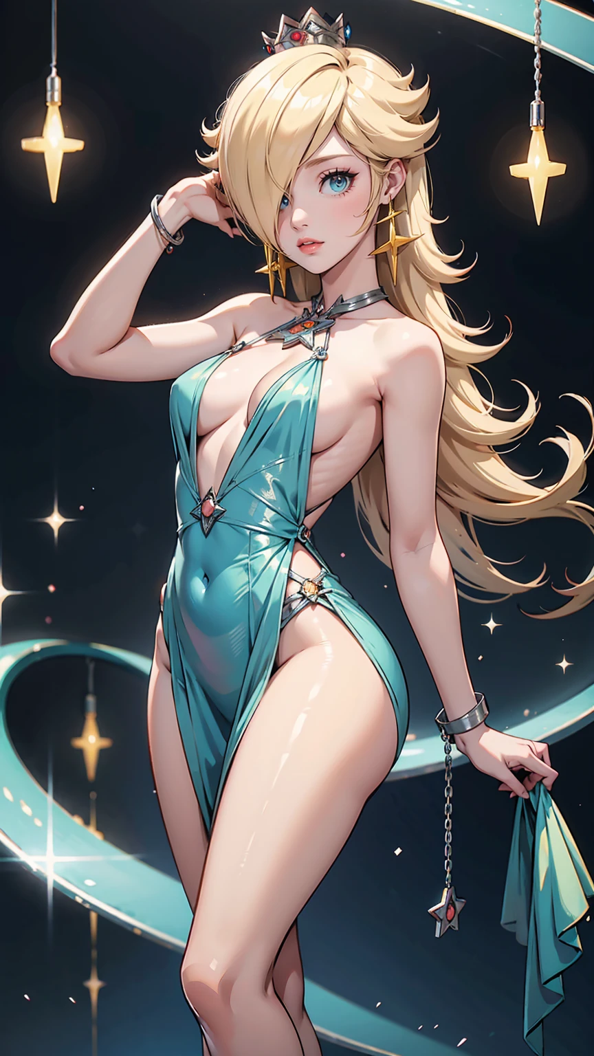 25-year-old Caucasian woman、ash blonde、blue eyess、Semi-long、setting hair、I'm tying my hair、My hair is wavy、Slender but thin macho、accessories on the wrist、wearing a chain necklace、Beautiful breasts、a smile、I need space above my head、Wearing a high-leg retard、Wearing heels、