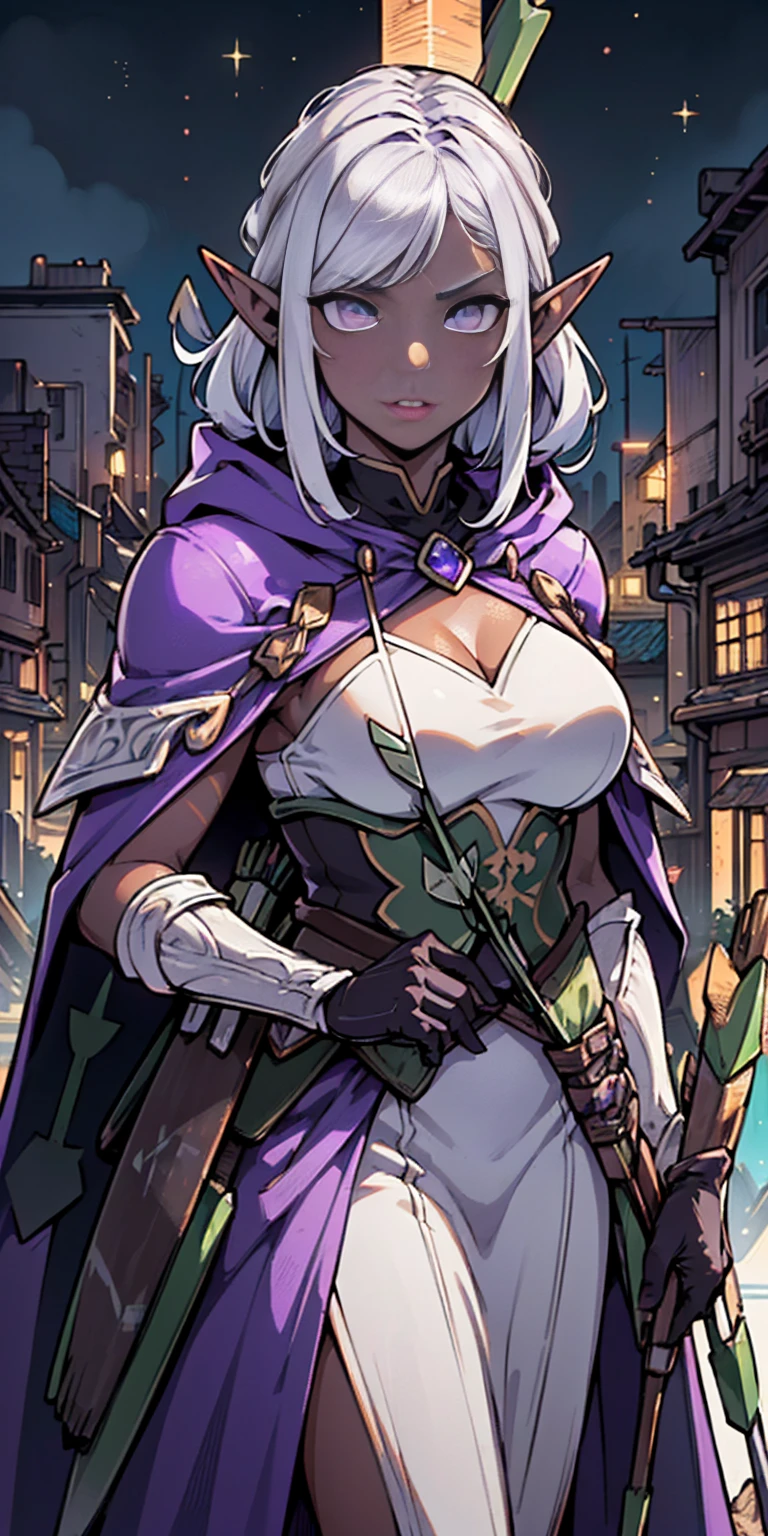 ((masterpiece, best quality, high res, sharp focus, ultra detailed, extremely detailed, photorealistic artwork:1.37, extremely detailed CG unity 8k wallpaper, vibrant colors, vibrant theme, intricate details)) dark elf female, woman:1.5,1 woman, elf female, dark elf (female, muscle, 1girl, pectoral, woman chest, muscular) 25 year old woman, young ((1female,1 female,1woman, woman, female gender:1.5, beautiful woman, female focus)) (((elf))) (((elf ears))) dark elf, pointed ears (((purple_eyes:1.3))) intricate eyes, beautiful detailed eyes, symmetrical eyes (((dark skin:1.5))),white hair,(((lustrous skin:1.5, bright skin: 1.5, skin tanned, shiny skin, very shiny skin, shiny body, plastic glitter skin, exaggerated shiny skin, illuminated skin))) young beautiful female, perfect body, perfect face ((detailed face)) expressive eyes, serious face, (ultra-detailed:1.3) beautiful detailed glow, finely detailed ultra-detailed, (light armor, greatcoat, layered clothing, (purple cape with hood:1.2, purple cape, hood)) ((intricate outfit, intricate clothes)) ((quiver with arrows:1.5,arrow quiver:1.5)) (dynamic pose:1.0) mocking serious attitude,(centered, scale to fit dimensions, Rule of thirds) ((scenery at night)) scenery:1.25 ((bedroom background))