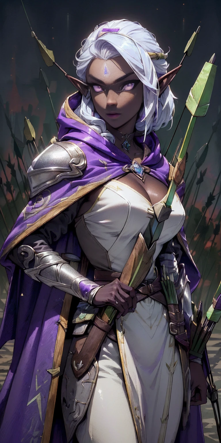 ((masterpiece, best quality, high res, sharp focus, ultra detailed, extremely detailed, photorealistic artwork:1.37, extremely detailed CG unity 8k wallpaper, vibrant colors, vibrant theme, intricate details)) dark elf female, woman:1.5,1 woman, elf female, dark elf (female, muscle, 1girl, pectoral, woman chest, muscular) 25 year old woman, young ((1female,1 female,1woman, woman, female gender:1.5, beautiful woman, female focus)) (((elf))) (((elf ears))) dark elf, pointed ears (((purple_eyes:1.3))) intricate eyes, beautiful detailed eyes, symmetrical eyes (((dark skin:1.5))),white hair,(((lustrous skin:1.5, bright skin: 1.5, skin tanned, shiny skin, very shiny skin, shiny body, plastic glitter skin, exaggerated shiny skin, illuminated skin))) young beautiful female, perfect body, perfect face ((detailed face)) expressive eyes, serious face, (ultra-detailed:1.3) beautiful detailed glow, finely detailed ultra-detailed, (light armor, greatcoat, layered clothing, (purple cape with hood:1.2, purple cape, hood)) ((intricate outfit, intricate clothes)) ((quiver with arrows:1.5,arrow quiver:1.5)) (dynamic pose:1.0) mocking serious attitude,(centered, scale to fit dimensions, Rule of thirds) ((scenery at night)) scenery:1.25 ((bedroom background))