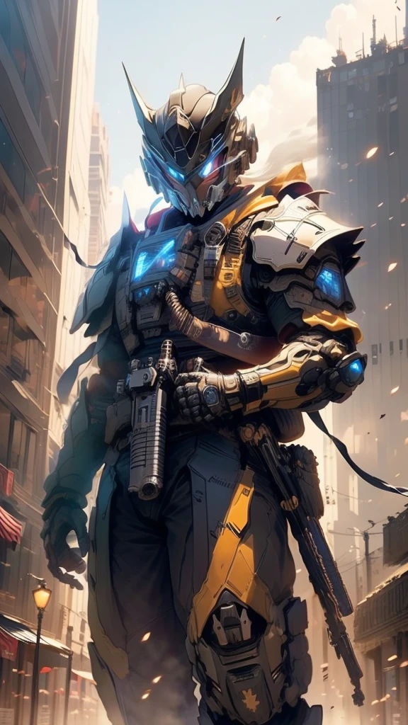 Star 15 Mod, (Masterpiece), (best quality), (very detailed), (best illustrations),(best shadow), look at viewer, cowboy shoot, City background destroyed by fire, tactical gear, tactical bag, (Gas Mask:0.8), tactical armor, Assault Rifle, pistol holster, (frown:1.3)