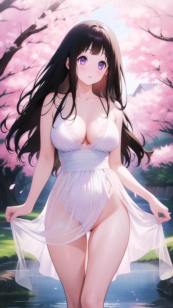 Amazing Chitanda, There is only one beautiful girl,Purple Eyes, Black Hair, Very red face,Very white skin,Glowing skin,Skin as delicate as porcelain,Naturally straight hair, Straight bangs,Extremely refined,Open lips,Long flowing hair,Beautiful Girl, Like a dream,Slim,Slim waist,Soft, (Sensual), (Kawaii), Dream quality,Beautiful big breasts,Areola,Completely naked,Standing on the side,Wearing a transparent wedding dress,Deep V neckline,Loose neckline,Wide neckline,by the lakeside,Light transmission,Under the cherry trees,no pants,pussy juice,Bare shoulders,Bare neck,Exposed collarbone,Exposing breasts,Exposing breasts侧面,Show your waist,Show your buttocks,Show your thighs,Exposing the groin,No pants,extremely shy,Ultra-high resolution, (masterpiece:1.2, best quality), (Delicate and beautiful eyes: 1.2), (Beautiful and delicate face)