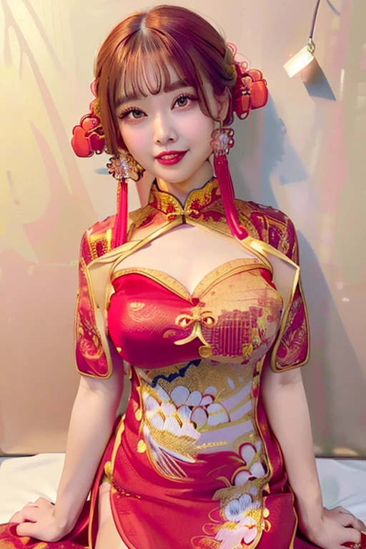 ((highest quality)) ((masterpiece)) (detailed) Perfect Face Pulling up hair garden ((Light red Chinese dress:1.7)) ((Open-chested Chinese dress:1.6)) skirt smile No underwear Very cute face Huge breasts Japanese