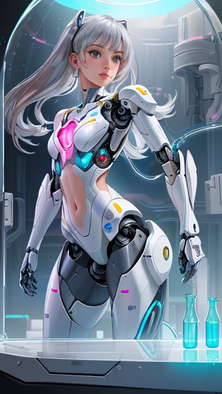 (La mejor calidad,A high resolution,Ultra - detallado,actual),Ariana Grande japonesa androide cyborg, robotic parts, hermoso estudio con luz suave, Detalles vibrantes, Ciberpunk de lujo, (Android body made of white and silver transparent glass and plastic:1.4), , (Mecanismos internos del cuerpo de metal plateado+pink), dynamic pose, Fluid organic components, Grabado detallado, Lace designs, (Circuitos dorados brillantes:1.4), (hermosos ojos azules),ojos brillantes, (pose vaquero ), (realistic) ,Arte detallado de alta calidad 8K, Fanart Mejor ArtStation, Fantasy art style ,(cuerpo de vidrio transparente:1.4),(Perfect anatomy) ,UHD, (fondo laboratorio Robotic futuristic dystopia colors:1.4)