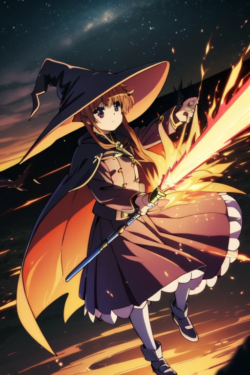 nanoha、uniform、skirt、Long Hair、Cape、(((Witch Hat)))、(((Magic wand)))、grassland、Fire Magic、Red Magic Circle、Flaming Sword、Sea of Fire、