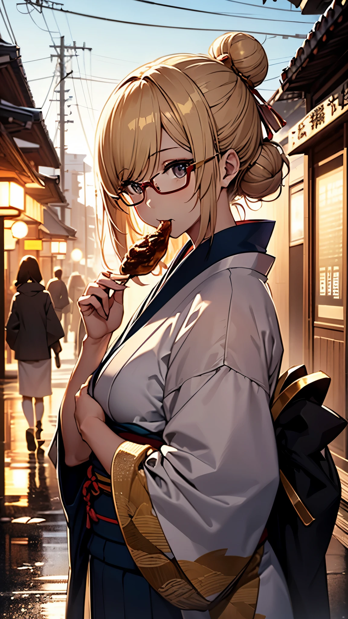 (1girl:1.3), Masterpiece, Best quality, amazing beauty, [[3D]], 4K, absurdres, finely detail, super detailed eye, perfect anatomy, official art, cinematic lighting, A Japanese woman in a kimono, bun hair, gold hair, reflecting the evening light, Facing front, Eating dumplings. Glasses, glasses