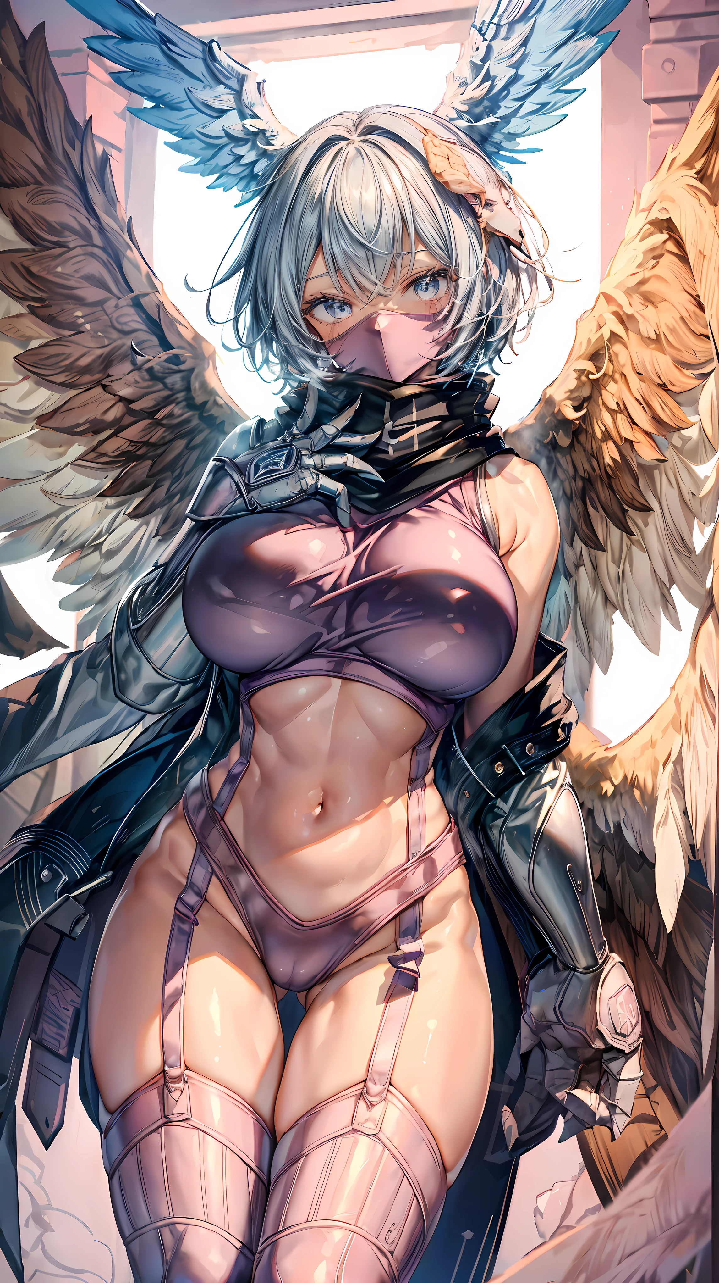 Very detailed、highest quality、Best image quality、masterpiece、8k、Anime Face、A kind smile、Sparkling blue eyes、(SFW Giant)、(Big Breasts:1.5)、shutumon、Cowboy Shot、(highleg:1.5)、Claw Hand、Mouth mask、shy,scarf,big head wings,(mouth mask),facial mark,midriff,leash,pink paw footwear,(pink sweatshirt),(garter straps),big brown feathered wings,scarf,pink thighhighs,full body,hand of guido daniele