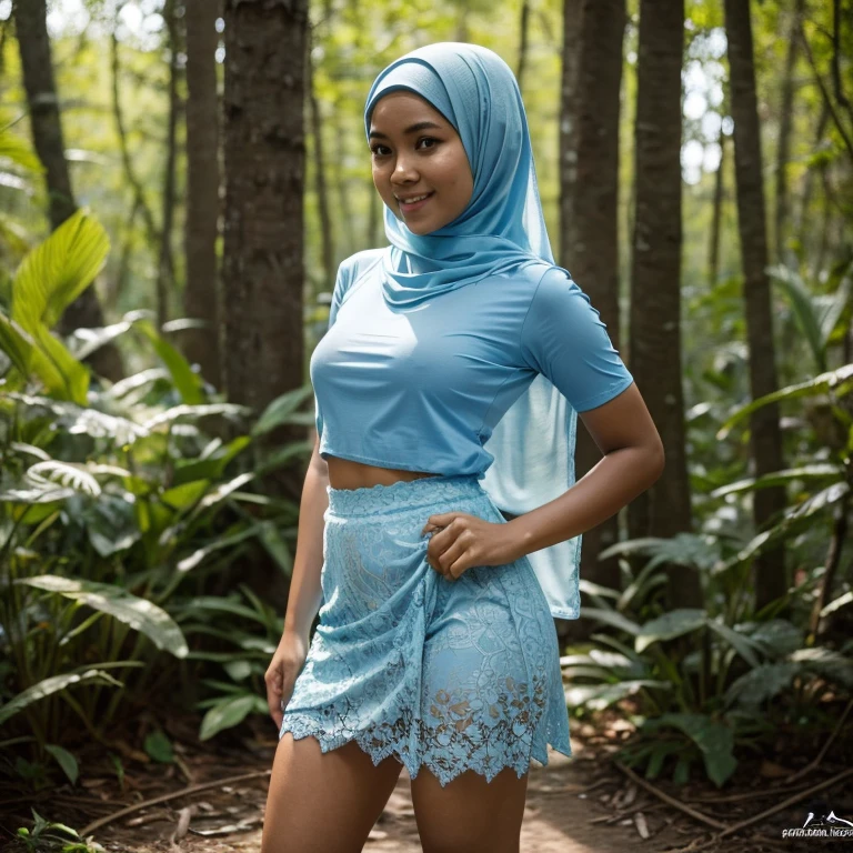 A 30 years old Indonesian woman in light blue hijab, wearing very short light blue lace tight t-shirt, wearing very short see-through light blue lace skirt, skirtlift, villager, poor woman, darker skin, curvier body, short body, small breasts, flat-chested, smiling and standing in a dark forest, look to the viewer with eye close