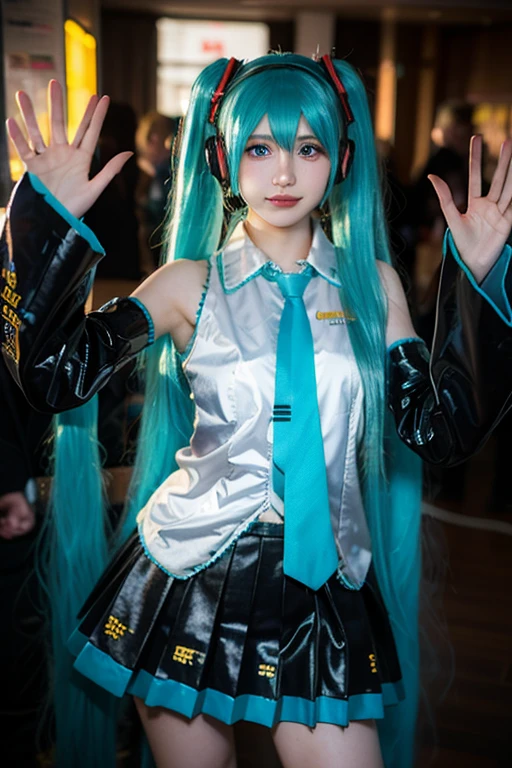 highest quality, masterpiece, Realistic, photoRealistic, One girl, alone,  Cowboy Shot, Hatsune Miku Cosplay costume, Hatsune Miku, Cosplay, Aqua Hair, Twin tails, Very long hair, hair ornaments, Headphones, headset, shirt, skirt, pleated skirt, tie, aqua tie, Removable sleeves, tattoo, Selfie