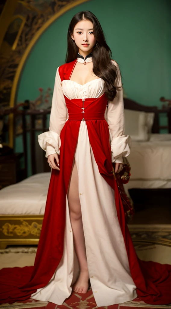 19 year old girl with long hair,Wearing red han clothes,At the Palace、Sit on the bed