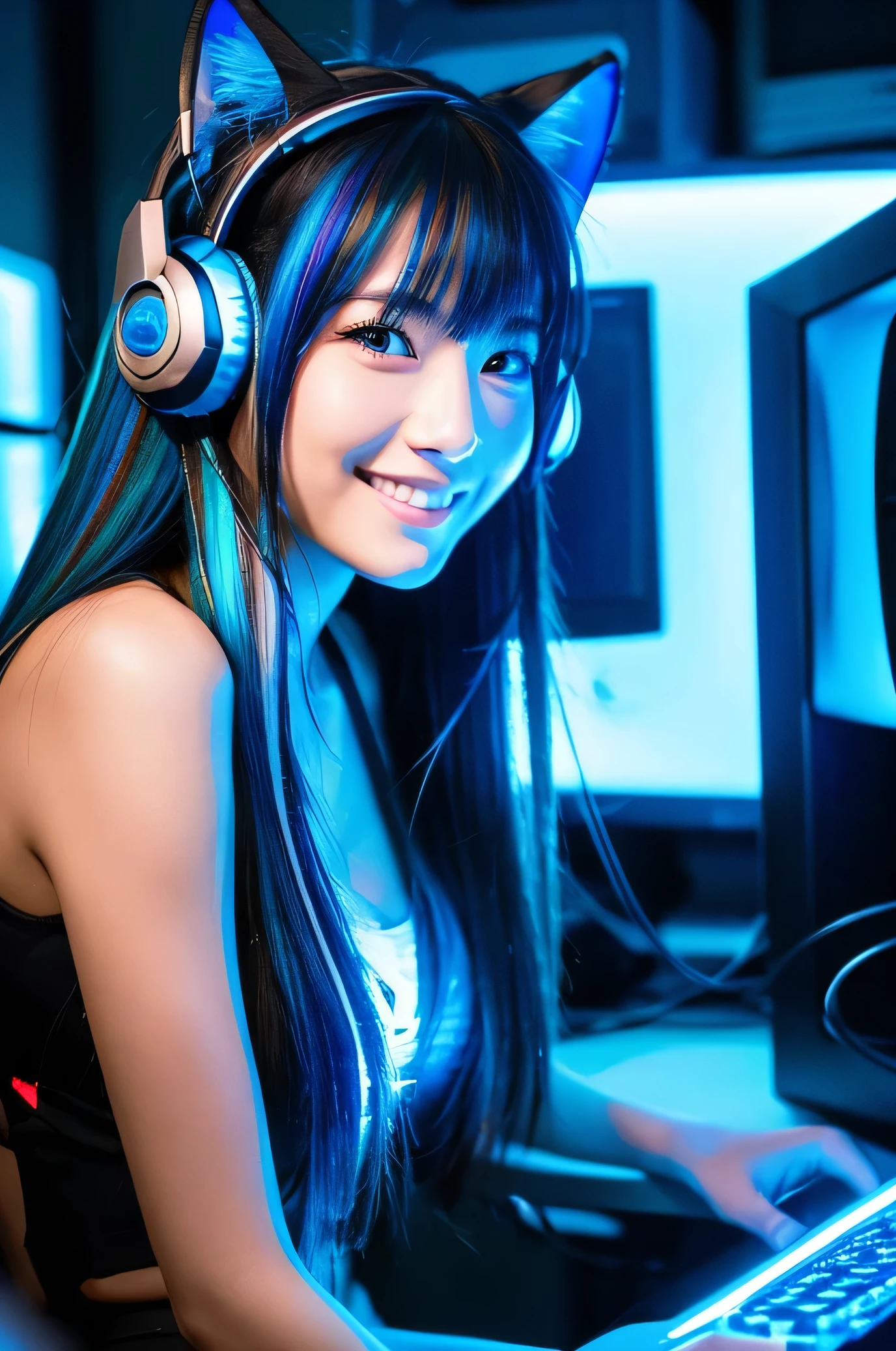 Generate a high-resolution image of a beautiful Japanese woman. She should have long black hair with blue inner highlights. She is sitting on a chair in front of a computer in a room illuminated by neon lights. She is wearing cat-ear headphones and has a professional gamer appearance. The woman should be looking at the camera and smiling.