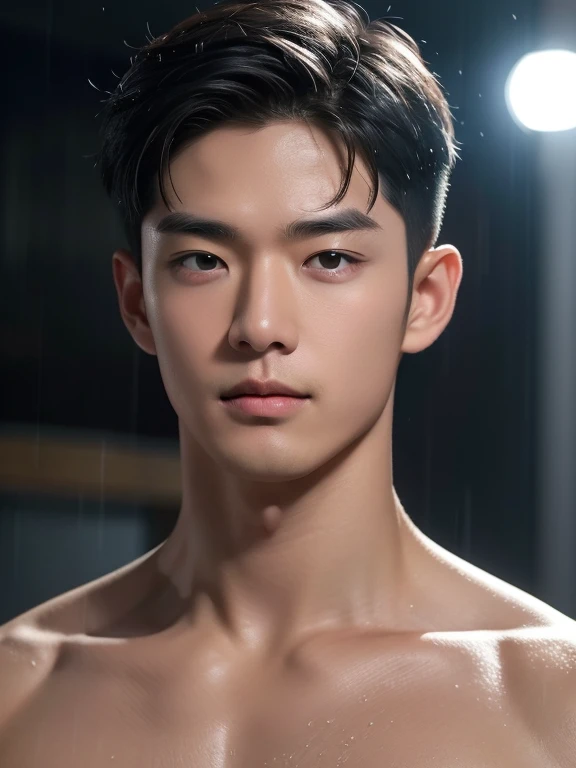 a man, Completely naked、Short Hair、Hairstyle with forehead、Thick eyebrows、public bathhouse、雨に濡れるCompletely nakedの男、Rainy city、Heavy Rain、 shirtless , realistic handsome Korean face , modest muscles , masterpiece、A high resolution、detailed face、glowing skin、(Asian)、(young、teenager)、Handsome、detailed background