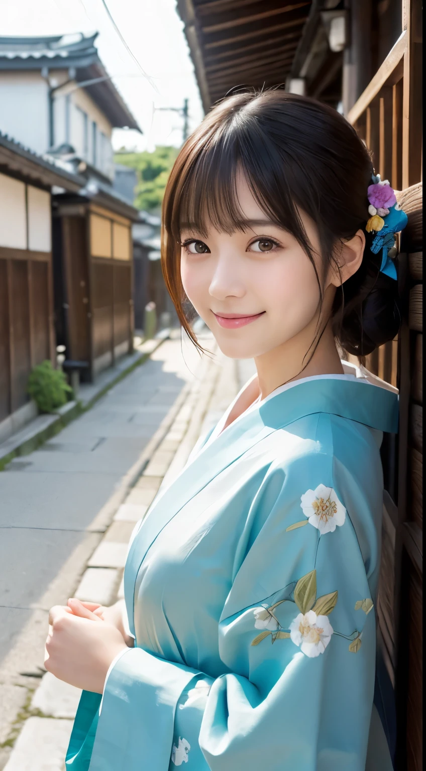 Professional Lighting,(Photorealistic:1.4), (Top image quality:1.0), (超A high resolution:1.0), 8k, Raw photography, (masterpiece:0.2), (Facing the children_v1:0.5)、(最高quality Detail:1.2)、Realistic、8K Ultra HD、High resolution、(1 girl:1.2)、超detailedな、High quality textures、複雑なdetailed、detailed、Very detailed CG、High quality shadows、detailed 美しく繊細な顔、Beautiful details and a delicate eye、(Symmetrical eyes:1.2),Written boundary depth、Ray Tracing,1 girl, Japanese Girls, (Natural smile:1.4),cute, thin, Portrait of a beautiful Japanese woman in a kimono, Standing elegantly on a street corner in Kyoto. Kimono with vibrant traditional patterns, Hair decorated with elegant and delicate hairpins, Gentle expression. (With the old streets of Kyoto in the background:1.4)、The soft light of a spring afternoon、Adding tranquility to the scene. Rendered in a Realistic style with great attention to detail, High resolutionの画像.Sky Porn, Magic Hour, (Realistic:1.3), finely, quality, (Tabletop:1.2), (Realistic:1.2), (最高quality), (複雑なdetailed), dramatic, Ray Tracing, photograph, +roller
