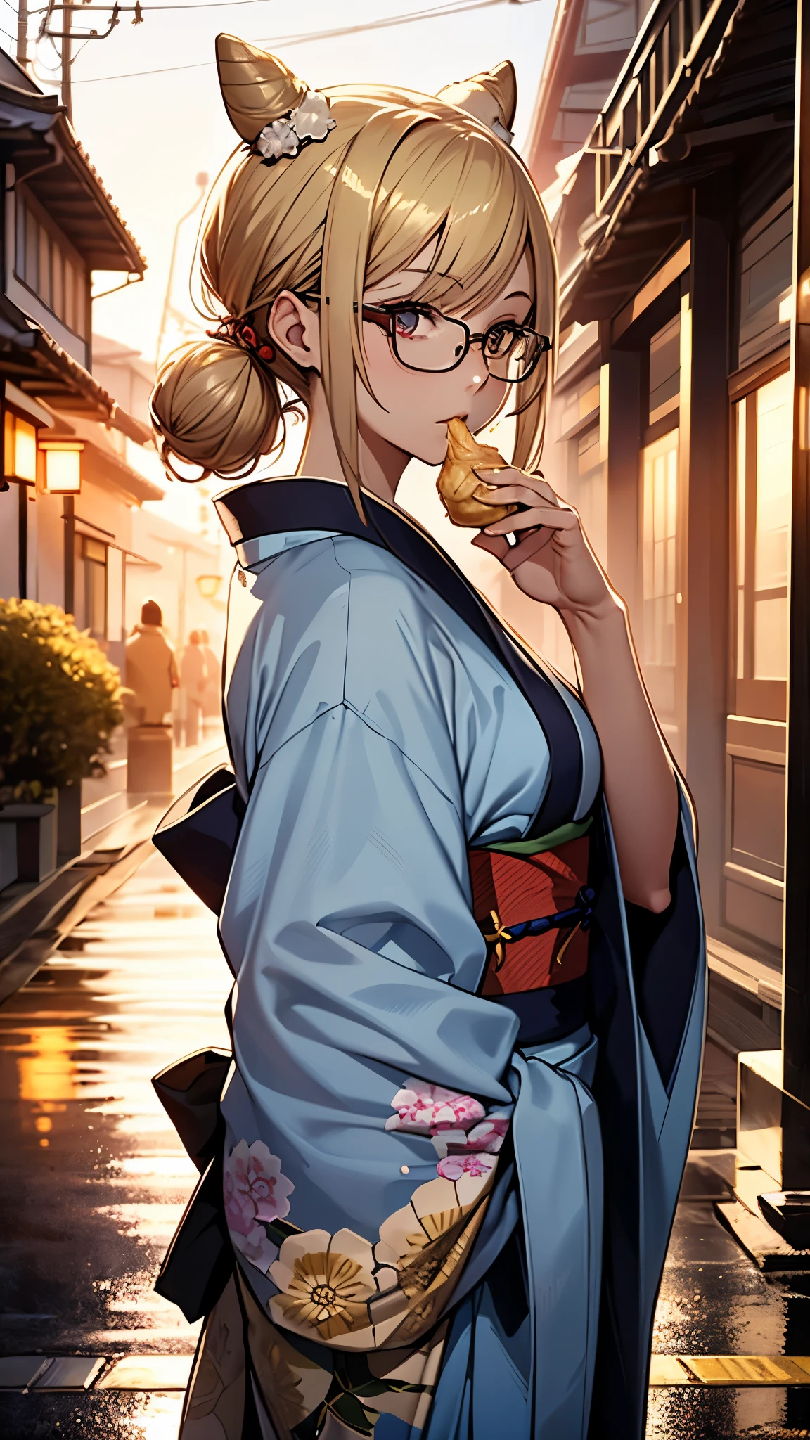 (1girl:1.3), Masterpiece, Best quality, amazing beauty, [[3D]], 4K, absurdres, finely detail, super detailed eye, perfect anatomy, official art, cinematic lighting, A Japanese woman in a kimono, bun hair, gold hair, reflecting the evening light, Facing front, Eating dumplings. Glasses, glasses