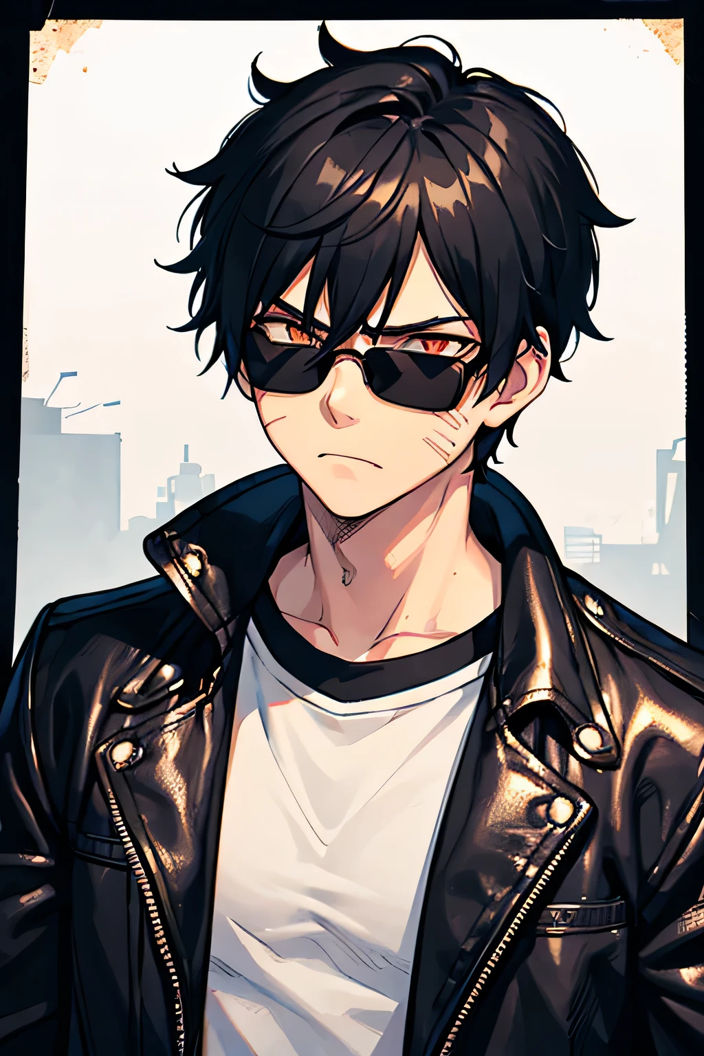 boy, strong, fighter, black hair, shades, technician, mechanic, band-aid on face, cut scars on face, leather jacket, blowtorch sparks, dusty clothes, stoic expression, neutral expression, workshop background, bright orange eyes, muscle