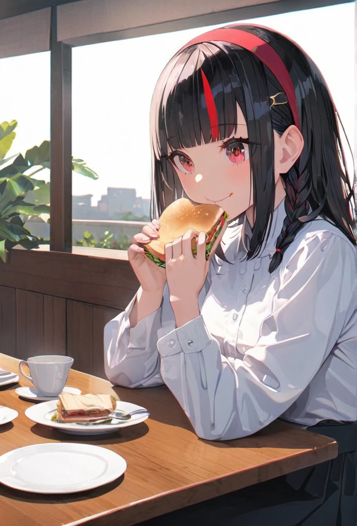 (best quarity,ultra detailed,ultra-high-resolution, absolutely resolution,8k, masterpiece), very-cute-and-beautiful-anime-girl, happy, smile, solo, eating sandwich, table, soup, spoon, napkin, BREAK, white shirts, crimson eyes, straght hair, black hairs, (red streaked hair), blunt bangs, braid, hairband, solo,