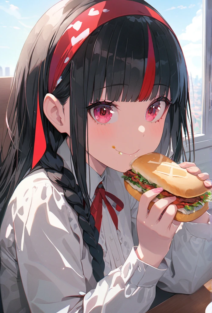 (best quarity,ultra detailed,ultra-high-resolution, absolutely resolution,8k, masterpiece), very-cute-and-beautiful-anime-girl, happy, smile, solo, eating sandwich, table, soup, spoon, napkin, BREAK, white shirts, crimson eyes, straght hair, black hairs, (red streaked hair), blunt bangs, braid, hairband, solo,