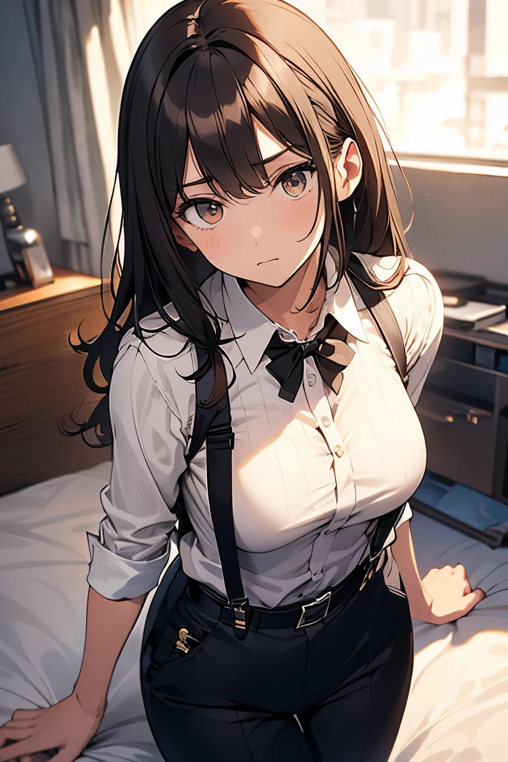 Brown Hair、Staring at the audience　　　Black suspenders　　　bulging big breasts　　 　 　　　wall: 　Black pantsuit　　　　　　sight　　　Small face　 　　　holster　　　Beautiful woman　　Show your hand　　 Lying in bed　　sight 　　Taunt　side　side汗 　arm　Dress shirt　Black Suit　belt