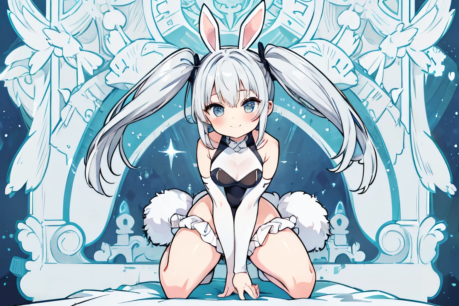 girl Bunny Costume Twin tails Silver Hair whole body smile sexy High leg Brat Kneeling legwear leotard
