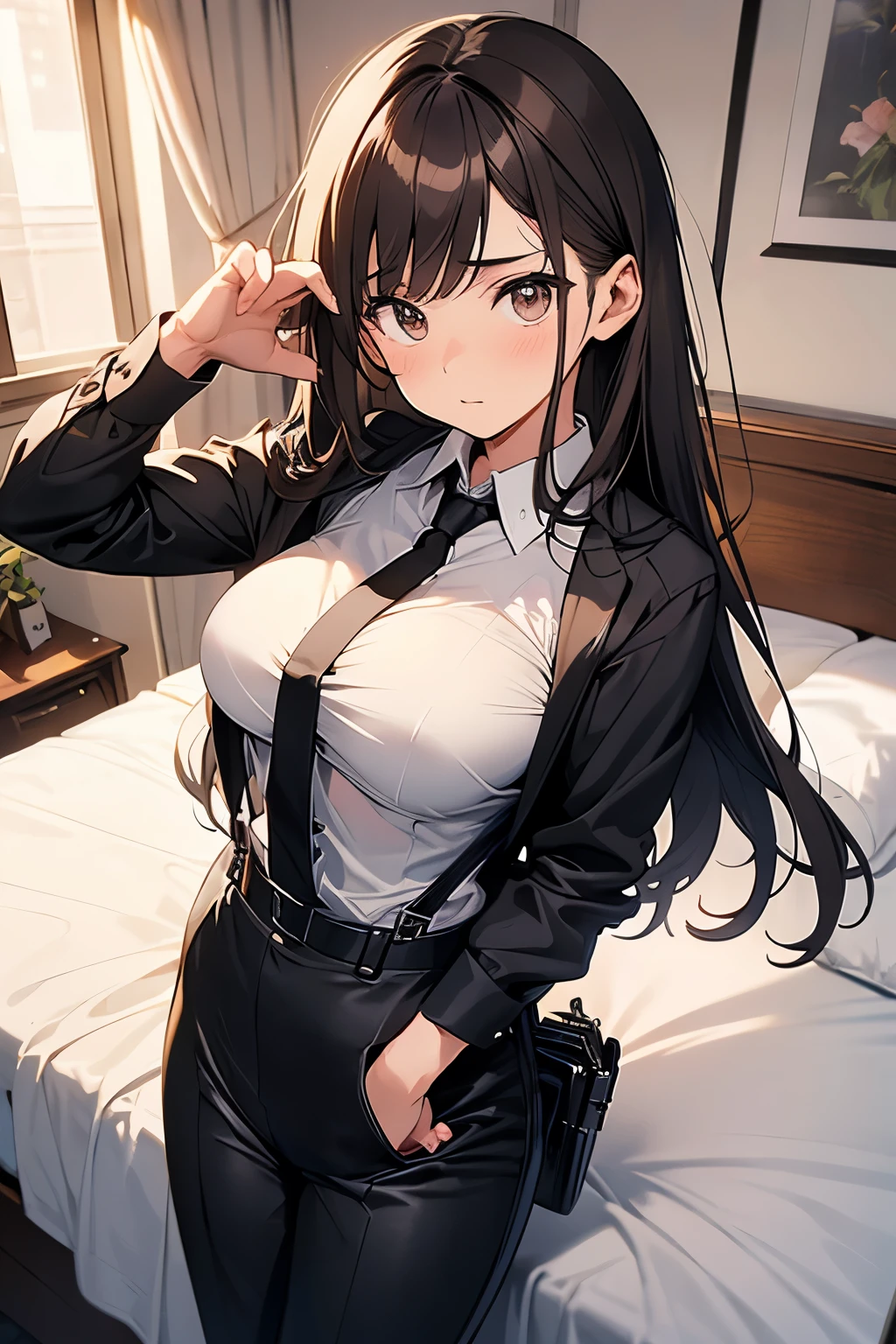 Brown Hair、Staring at the audience　　　Black suspenders　　　bulging big breasts　　 　 　　　wall: 　Black pantsuit　　　　　　sight　　　Small face　 　　　holster　　　Beautiful woman　　Show your hand　　 Lying in bed　　sight 　　Taunt　side　side汗 　arm　Dress shirt　Black Suit　belt