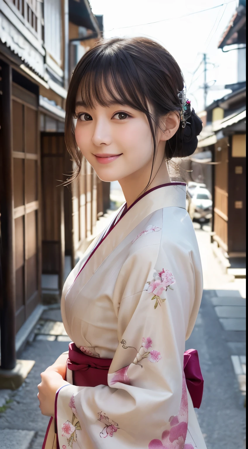Professional Lighting,(Photorealistic:1.4), (Top image quality:1.0), (超A high resolution:1.0), 8k, Raw photography, (masterpiece:0.2), (Facing the children_v1:0.5)、(最高quality Detail:1.2)、Realistic、8K Ultra HD、High resolution、(1 girl:1.2)、超detailedな、High quality textures、複雑なdetailed、detailed、Very detailed CG、High quality shadows、detailed 美しく繊細な顔、Beautiful details and a delicate eye、(Symmetrical eyes:1.2),Written boundary depth、Ray Tracing,1 girl, Japanese Girls, (Natural smile:1.4),cute, thin, Portrait of a beautiful Japanese woman in a kimono, Standing elegantly on a street corner in Kyoto. Kimono with vibrant traditional patterns, Hair decorated with elegant and delicate hairpins, Gentle expression. (With the old streets of Kyoto in the background:1.4)、The soft light of a spring afternoon、Adding tranquility to the scene. Rendered in a Realistic style with great attention to detail, High resolutionの画像.Sky Porn, Magic Hour, (Realistic:1.3), finely, quality, (Tabletop:1.2), (Realistic:1.2), (最高quality), (複雑なdetailed), dramatic, Ray Tracing, photograph, +roller