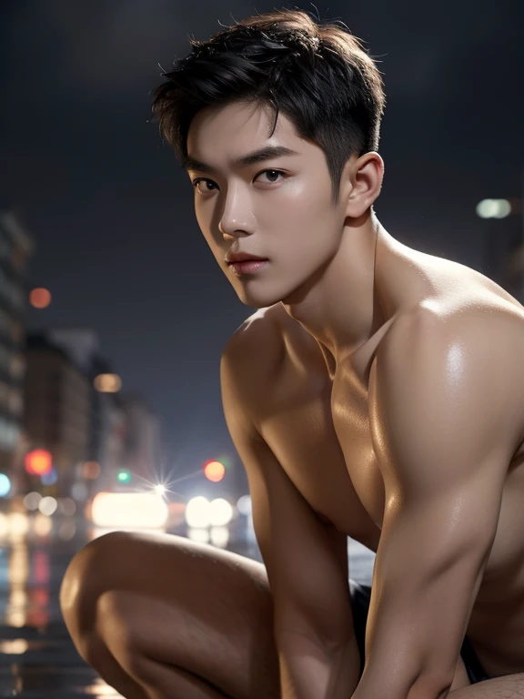 a man, Completely naked、Short Hair、Hairstyle with forehead、Thick eyebrows、雨に濡れるCompletely nakedの男、Crouching Man、Rainy city、Heavy Rain、whole body、 shirtless , realistic handsome Korean face , modest muscles , masterpiece、A high resolution、detailed face、glowing skin、(Asian)、(young、ager)、Handsome、detailed background