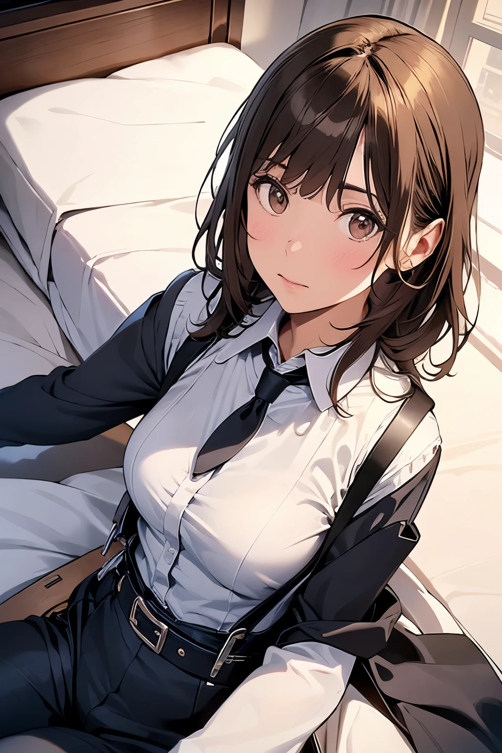 Brown Hair、Staring at the audience Black suspenders bulging big breasts wall: Black pantsuit sight Small face holster Beautiful woman Show your hand Lying in bed sight Taunt side side汗 arm Dress shirt Black Suit belt
