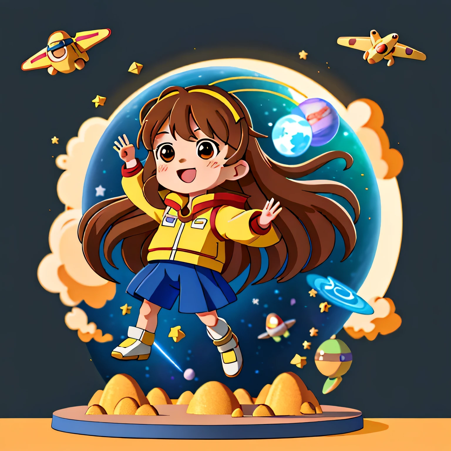 Girl with long brown hair,Wearing Gundam suit,Flight in the Starry Sky(flight)(in a galaxy),(with love)Happy,Surrounded by love,Surrounded by love,Logo,vector,Line Art,design,inspiration,straight line,cheap