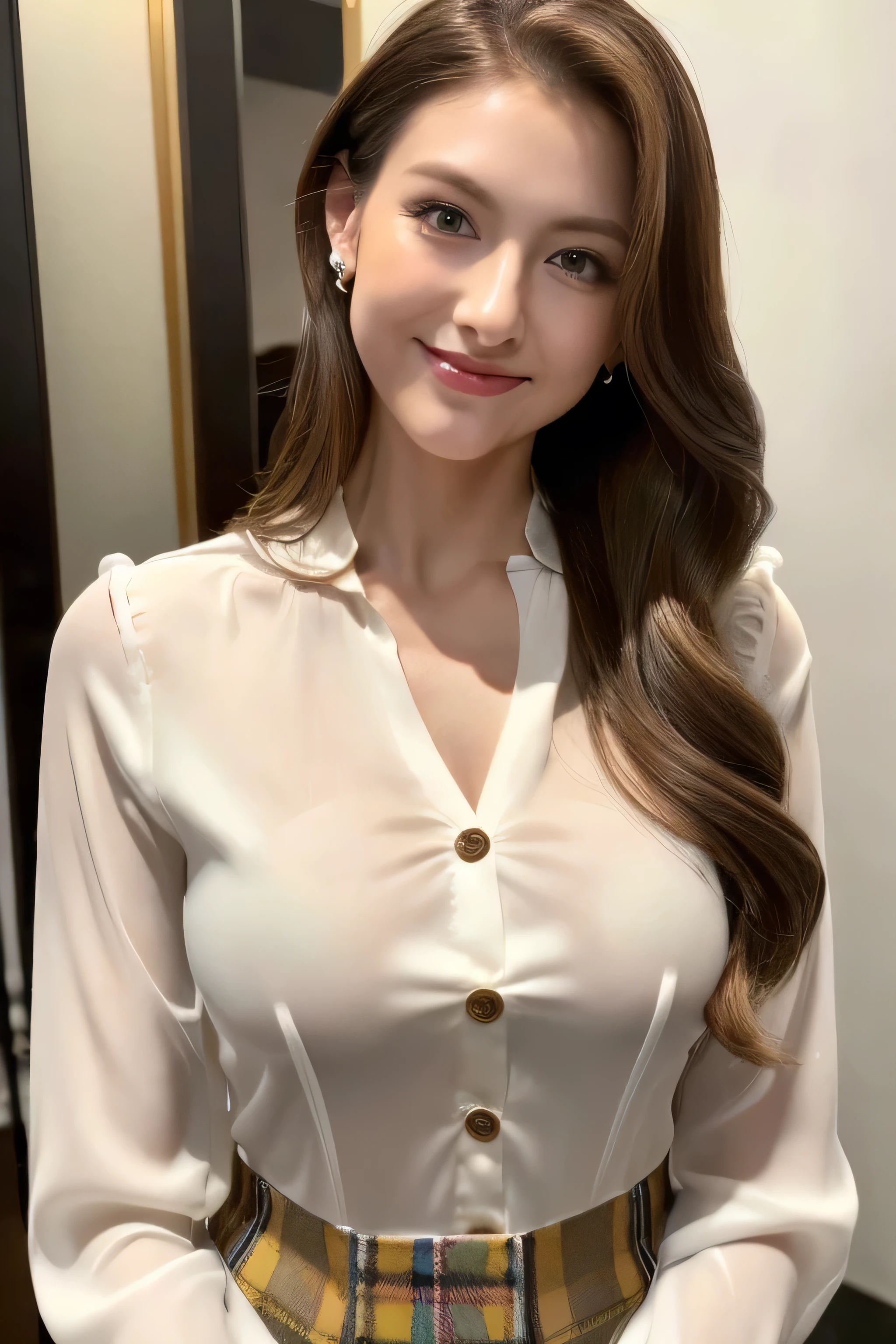 Beautiful detailed face、Pale skin、Realistic glowing skin、Detailed cloth texture、Detailed hair texture、Perfect body、Beautiful Face、correct、Anatomically correct、 Highly detailed face and skin texture、Natural neck length、(Beautiful Hands)、(Fair skin:1.2)、Thin legs、Thin legs、 Break Fine Eyes、Symmetrical eyes、Large Breasts、Light brown eyes、double eyelid、Thin eyebrows、(Glossy Lips:1.4)、((Gentle smile:1.2))、(blush:1.1)、 break (Elegant and cute girl:1.3)、Medium-sized large breasts、(Slim body type:1.1)、Toned Abs、Beautiful clavicle、 (Dark Blonde、Wavy Hair、Long Hair:1.2)、((full figure supermodel standing, entire body in frame:1.7))、((Wearing white long sleeve button up blouse、white tartan check miniskirt:1.3)),((standing gracefully:1.3))、((Place your left hand gently on your chin:1.3)),Shoot so that the whole body is captured away from the camera