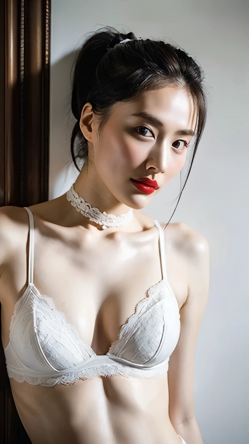 super high quality,8k,Gal,Sexy and feminine, High and cold,Fascinating,The head proportions are perfect,Grey high ponytail,Wear a short, sheer lace bra, White low waist sheer lace thong,Fiery red lips,Swan neck,choker,The sun is shining