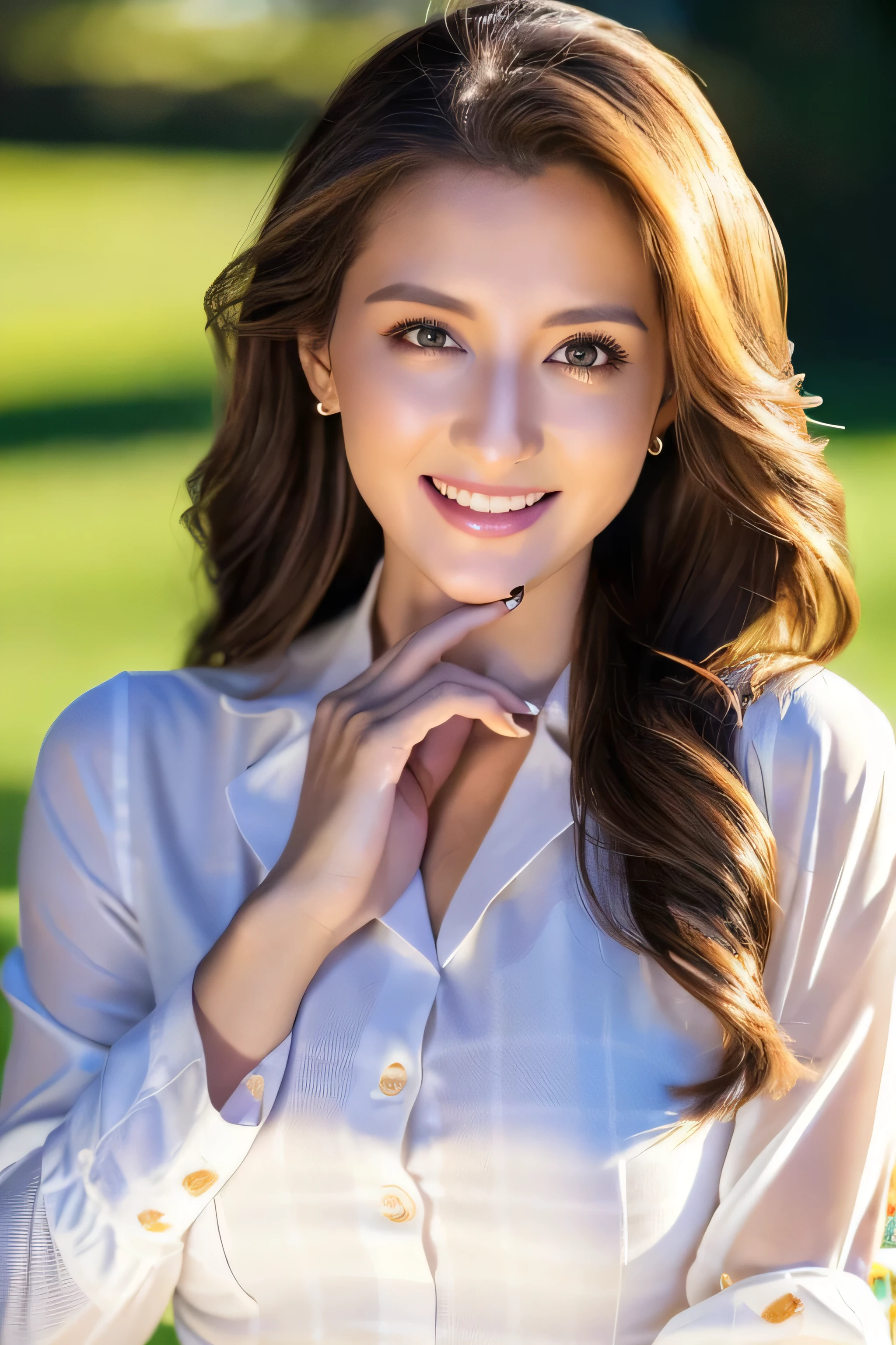 Beautiful detailed face、Pale skin、Realistic glowing skin、Detailed cloth texture、Detailed hair texture、Perfect body、Beautiful Face、correct、Anatomically correct、 Highly detailed face and skin texture、Natural neck length、(Beautiful Hands)、(Fair skin:1.2)、Thin legs、Thin legs、 Break Fine Eyes、Symmetrical eyes、Large Breasts、Light brown eyes、double eyelid、Thin eyebrows、(Glossy Lips:1.4)、((Gentle smile:1.2))、(blush:1.1)、 break (Elegant and cute girl:1.3)、Medium-sized large breasts、(Slim body type:1.1)、Toned Abs、Beautiful clavicle、 (Dark Blonde、Wavy Hair、Long Hair:1.2)、((full figure supermodel standing, entire body in frame:1.7))、((Wearing white long sleeve button up blouse、white tartan check miniskirt:1.3)),((standing gracefully:1.3))、((Place your left hand gently on your chin:1.3)),Shoot so that the whole body is captured away from the camera