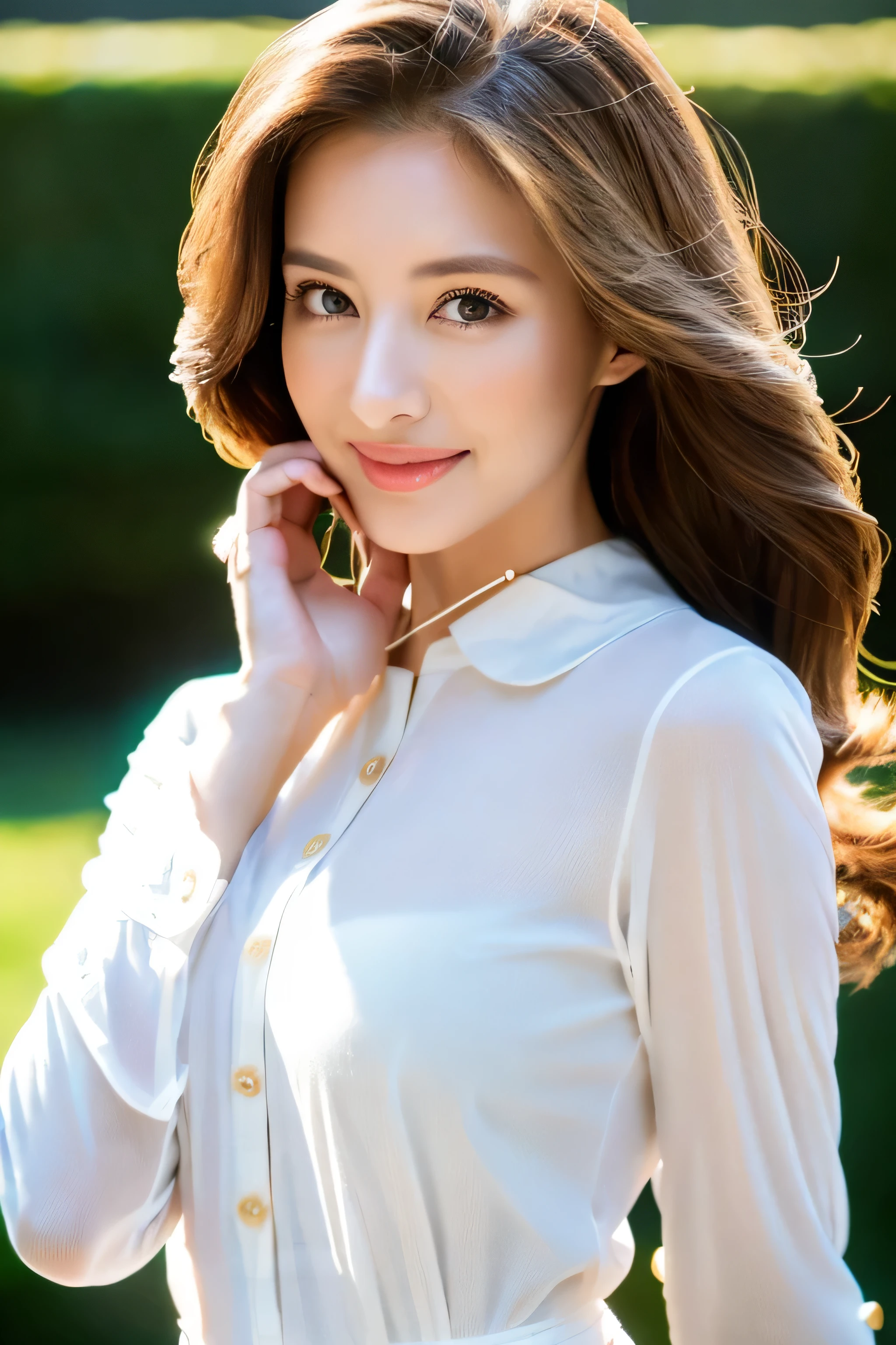 Beautiful detailed face、Pale skin、Realistic glowing skin、Detailed cloth texture、Detailed hair texture、Perfect body、Beautiful Face、correct、Anatomically correct、 Highly detailed face and skin texture、Natural neck length、(Beautiful Hands)、(Fair skin:1.2)、Thin legs、Thin legs、 Break Fine Eyes、Symmetrical eyes、Large Breasts、Light brown eyes、double eyelid、Thin eyebrows、(Glossy Lips:1.4)、((Gentle smile:1.2))、(blush:1.1)、 break (Elegant and cute girl:1.3)、Medium-sized large breasts、(Slim body type:1.1)、Toned Abs、Beautiful clavicle、 (Dark Blonde、Wavy Hair、Long Hair:1.2)、((full figure supermodel standing, entire body in frame:1.7))、((Wearing white long sleeve button up blouse、white tartan check miniskirt:1.3)),((standing gracefully:1.3))、((Place your left hand gently on your chin:1.3)),Shoot so that the whole body is captured away from the camera