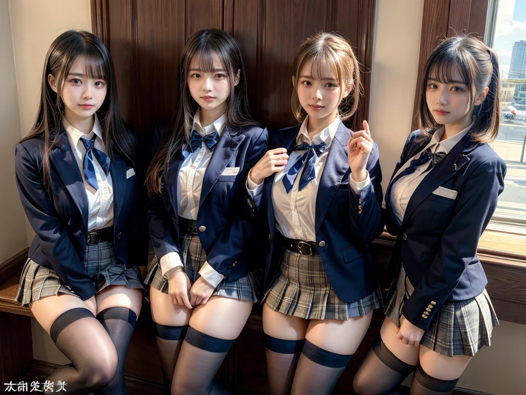 (8K, Raw photography, top-quality, masterpiece:1.2), master piece, best quality, illustration, Super detailed, fine details, High resolution, 8K,wall paper, perfect dynamic composition,(Details High quality, realistic depiction of eyes:1.3), ((2 girls, 2 schoolgirls)), The background is a luxury hotel room、High school girl uniform、blazer 、Super Short Check Uniform Skirt、Navy blue high socks、garterbelts、Colossal tits、Disturbed uniform, Play with each other,Touching each other's bodies,Touching the body of the girl next door, short bob hair, black hair color, huge breasts, Big Natural Color Lip, bold sexy pose, (perfect body shape), crying a little、cold gaze, Beautiful makeup,glitter makeup,Cutest 18 years old, beautiful legs, hposing Gravure Idol, Voluptuous thighs