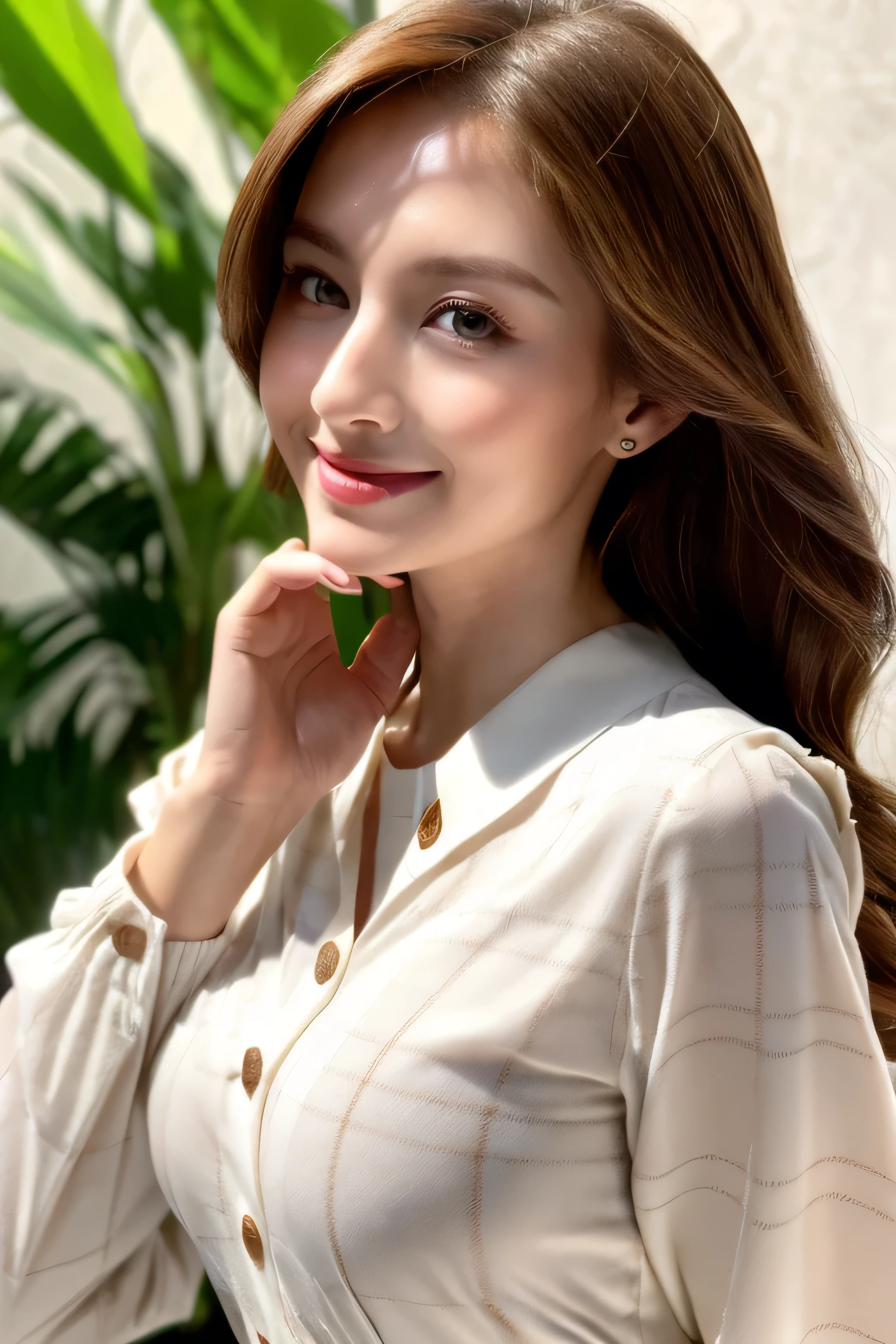 Beautiful detailed face、Pale skin、Realistic glowing skin、Detailed cloth texture、Detailed hair texture、Perfect body、Beautiful Face、correct、Anatomically correct、 Highly detailed face and skin texture、Natural neck length、(Beautiful Hands)、(Fair skin:1.2)、Thin legs、Thin legs、 Break Fine Eyes、Symmetrical eyes、Large Breasts、Light brown eyes、double eyelid、Thin eyebrows、(Glossy Lips:1.4)、((Gentle smile:1.2))、(blush:1.1)、 break (Elegant and cute girl:1.3)、Medium-sized large breasts、(Slim body type:1.1)、Toned Abs、Beautiful clavicle、 (Dark Blonde、Wavy Hair、Long Hair:1.2)、((full figure supermodel standing, entire body in frame:1.7))、((Wearing white long sleeve button up blouse、white tartan check miniskirt:1.3)),((standing gracefully:1.3))、((Place your left hand gently on your chin:1.3)),Shoot so that the whole body is captured away from the camera