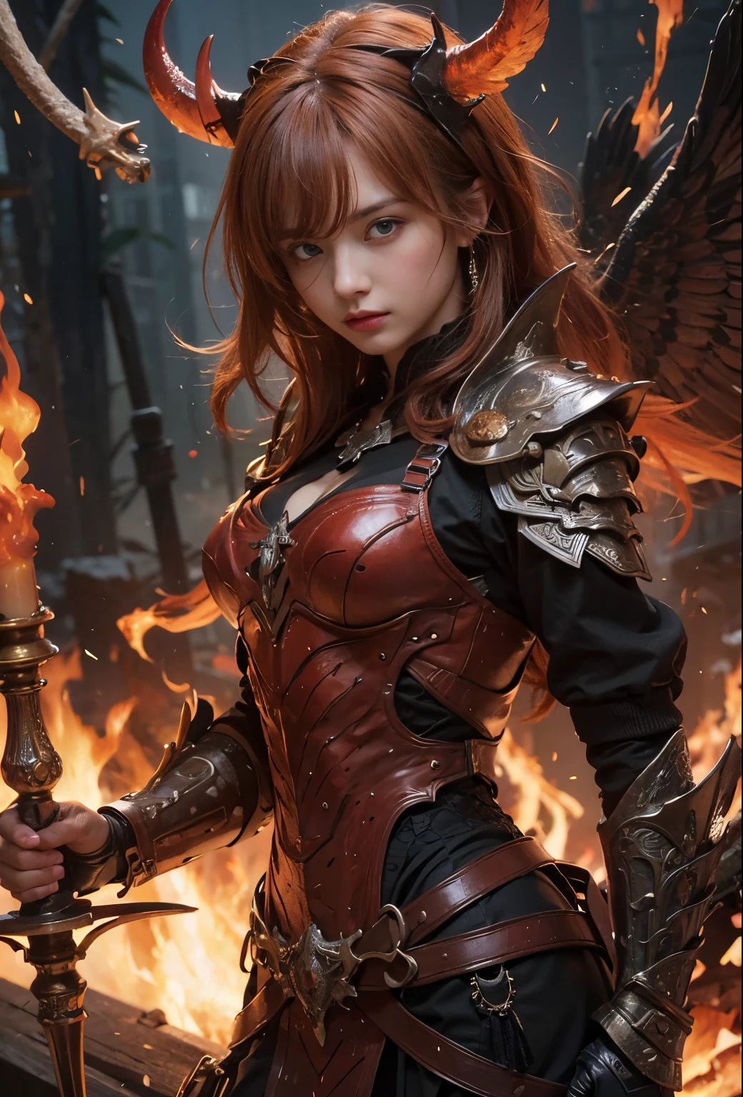(Masterpiece, Best quality, high resolucion) 1 maître du feu with long black hair and blue eyes in a pose d'action ensemble prêt à affronter son adversaire. Elle porte une cape noire de magicien, Golden bracelets. It is in color and uses the flames. battlefield, monde fantastique, standing in the middle of the image
